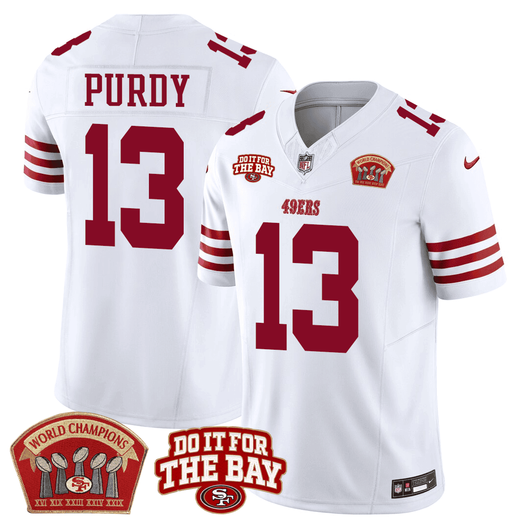 Men's Brock Purdy San Francisco 49ers 5x World Champions & "Do It For The Bay" Patch Limited White Jersey - All Stitched
