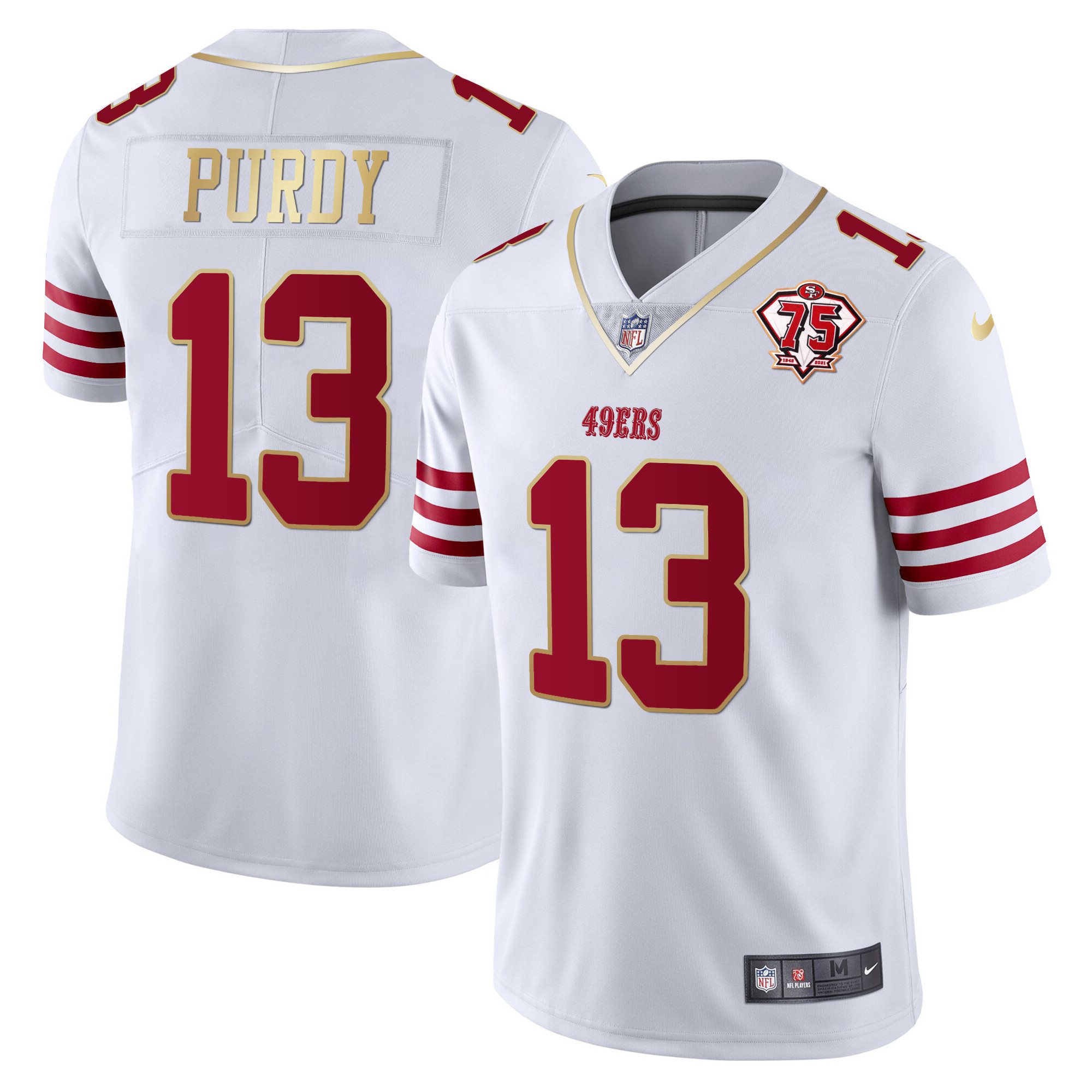 Men's Brock Purdy San Francisco 49ers 75th Anniversary Patch Vapor Gold Trim White Gold Jersey - All Stitched