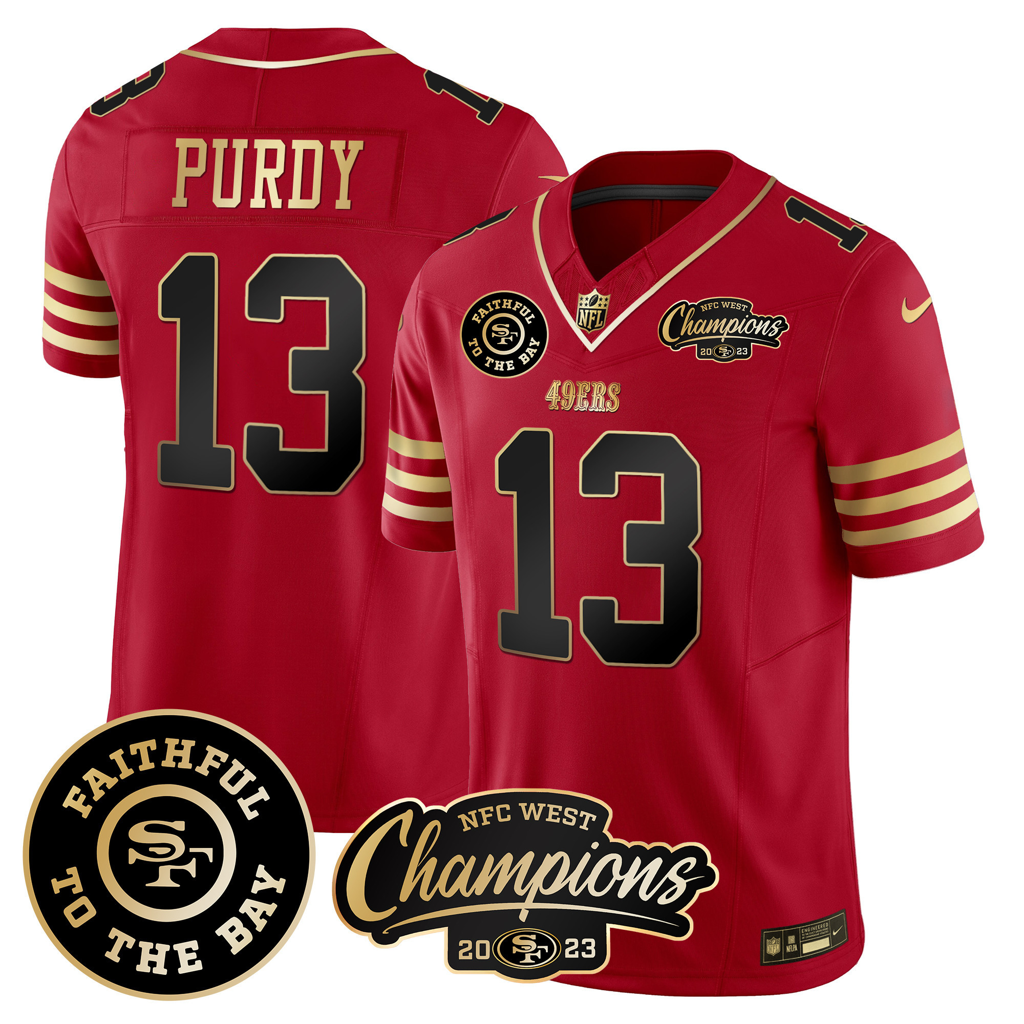 Men's Brock Purdy San Francisco 49ers Faithful & 2023 NFC West Champions Patch Vapor Black Scarlet Jersey - All Stitched