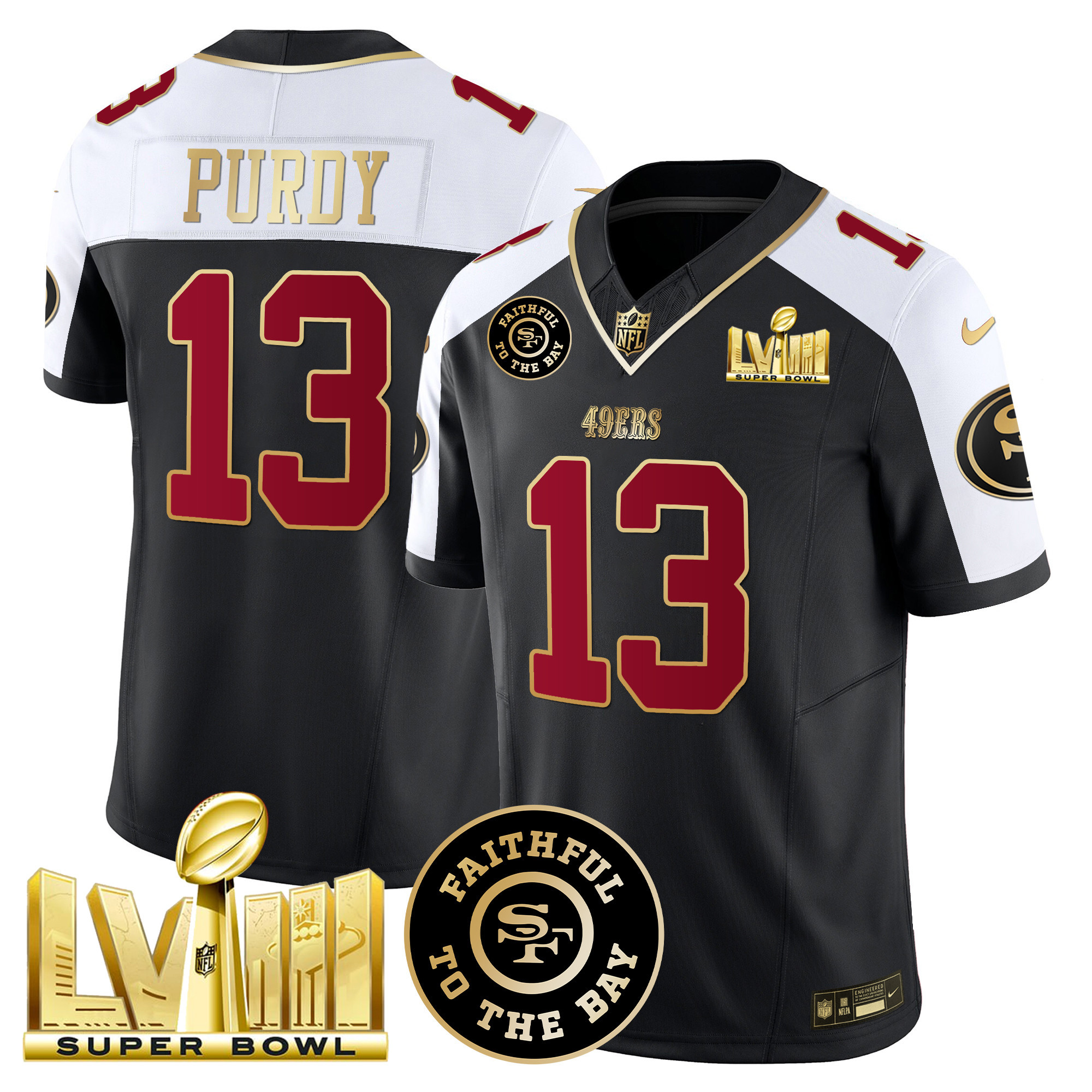 Men's Brock Purdy San Francisco 49ers Faithful & Super Bowl LVIII Gold Patch Vapor Black Alternate Jersey - All Stitched