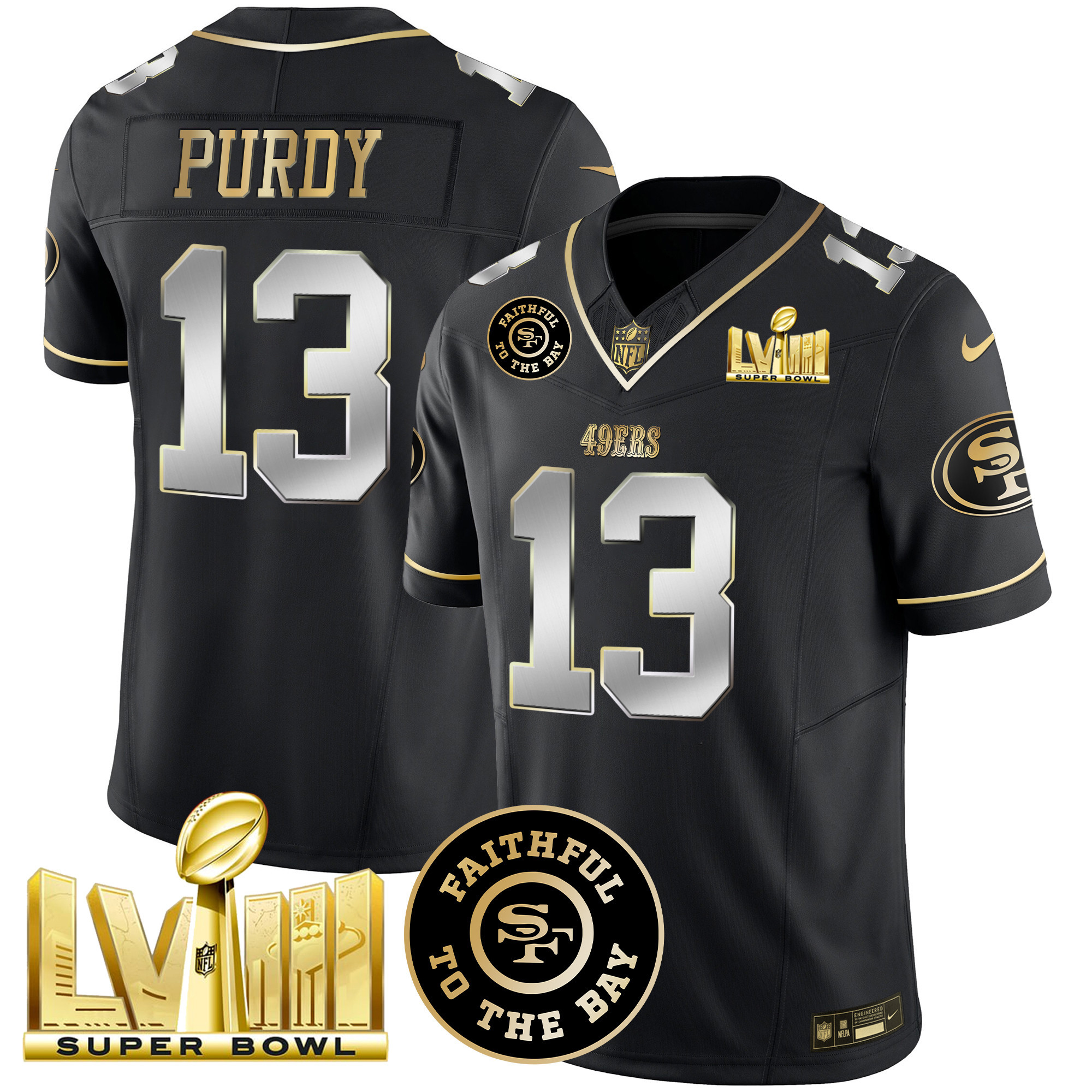 Men's Brock Purdy San Francisco 49ers Faithful & Super Bowl LVIII Gold Patch Vapor Black Limited Jersey - All Stitched