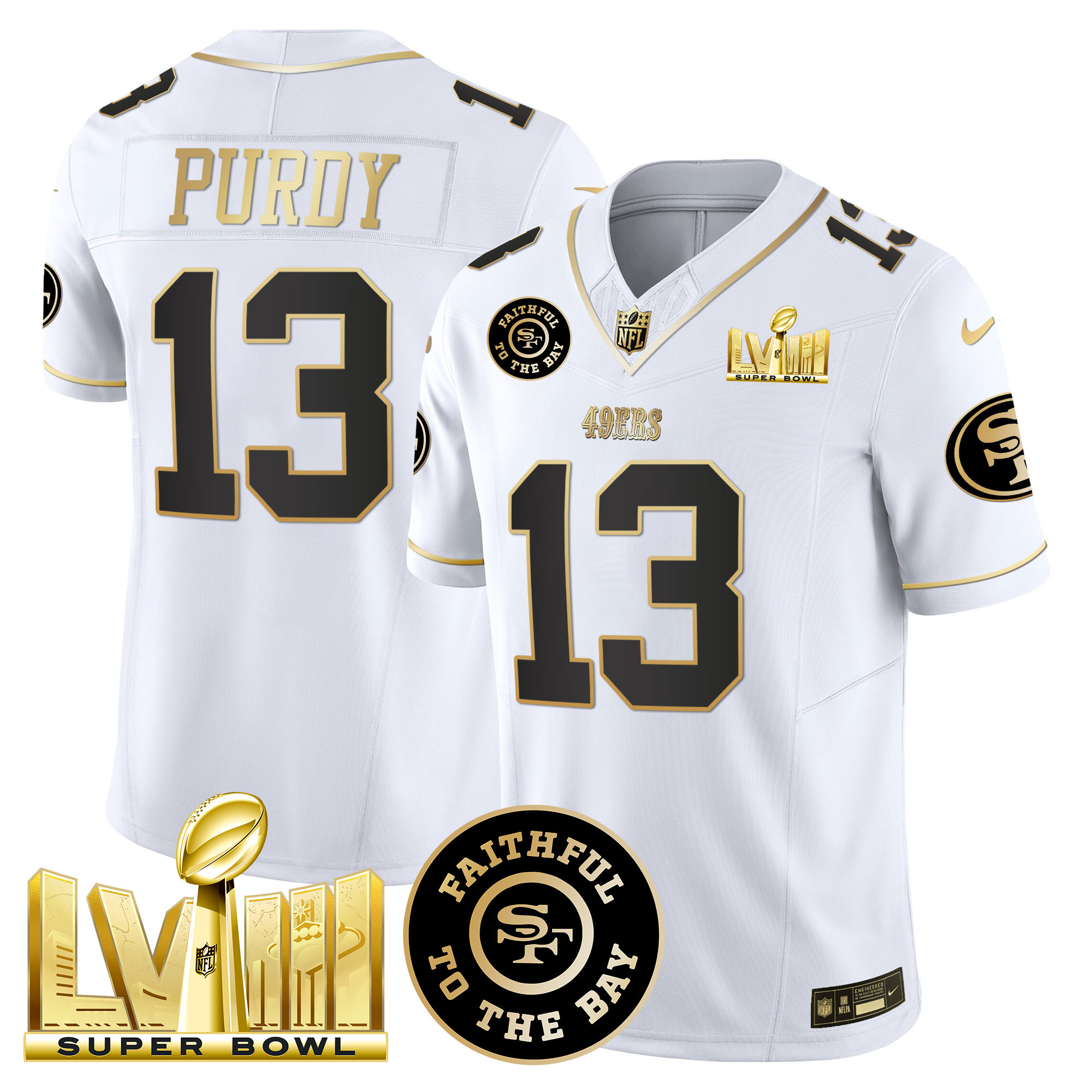 Men's Brock Purdy San Francisco 49ers Faithful & Super Bowl LVIII Gold Patch Vapor White Gold Jersey V2 - All Stitched