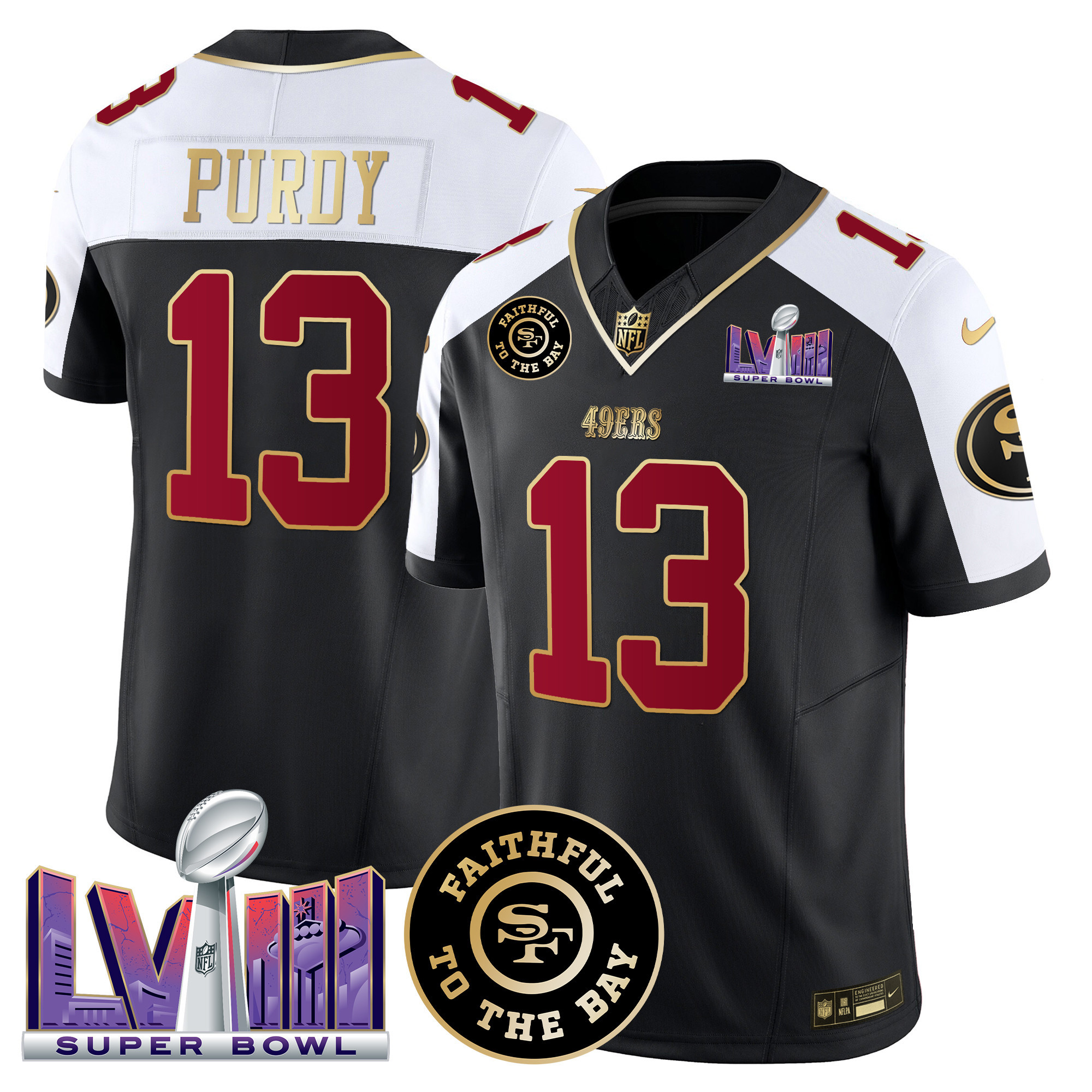 Men's Brock Purdy San Francisco 49ers Faithful & Super Bowl LVIII Patch Vapor Black Alternate Jersey - All Stitched