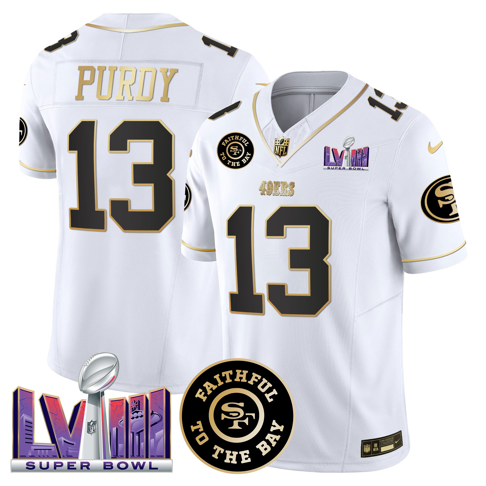 Men's Brock Purdy San Francisco 49ers Faithful & Super Bowl LVIII Patch Vapor White Gold Jersey V2 - All Stitched