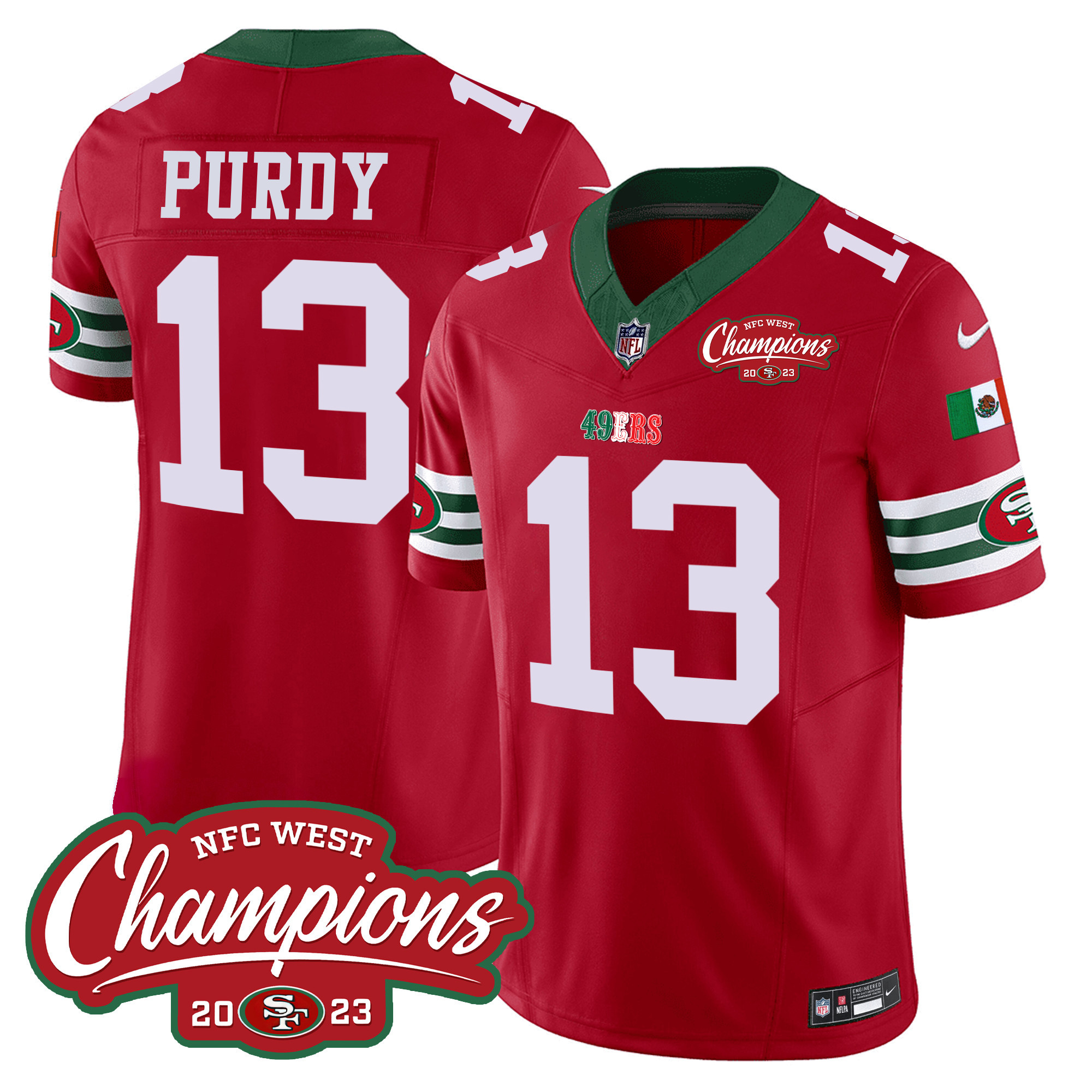 Men's Brock Purdy San Francisco 49ers Mexico 2023 NFC West Champions Patch Vapor Red Jersey - All Stitched