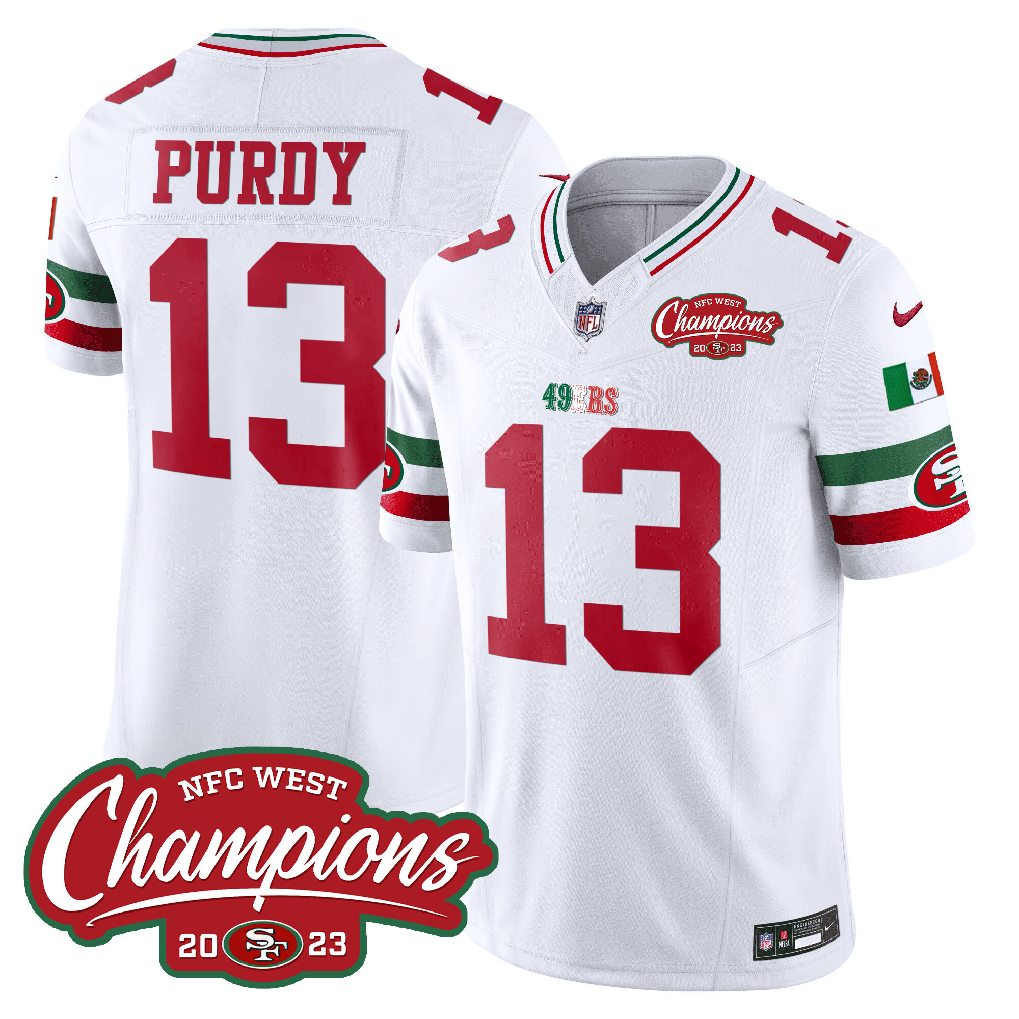 Men's Brock Purdy San Francisco 49ers Mexico 2023 NFC West Champions Patch Vapor White Jersey - All Stitched