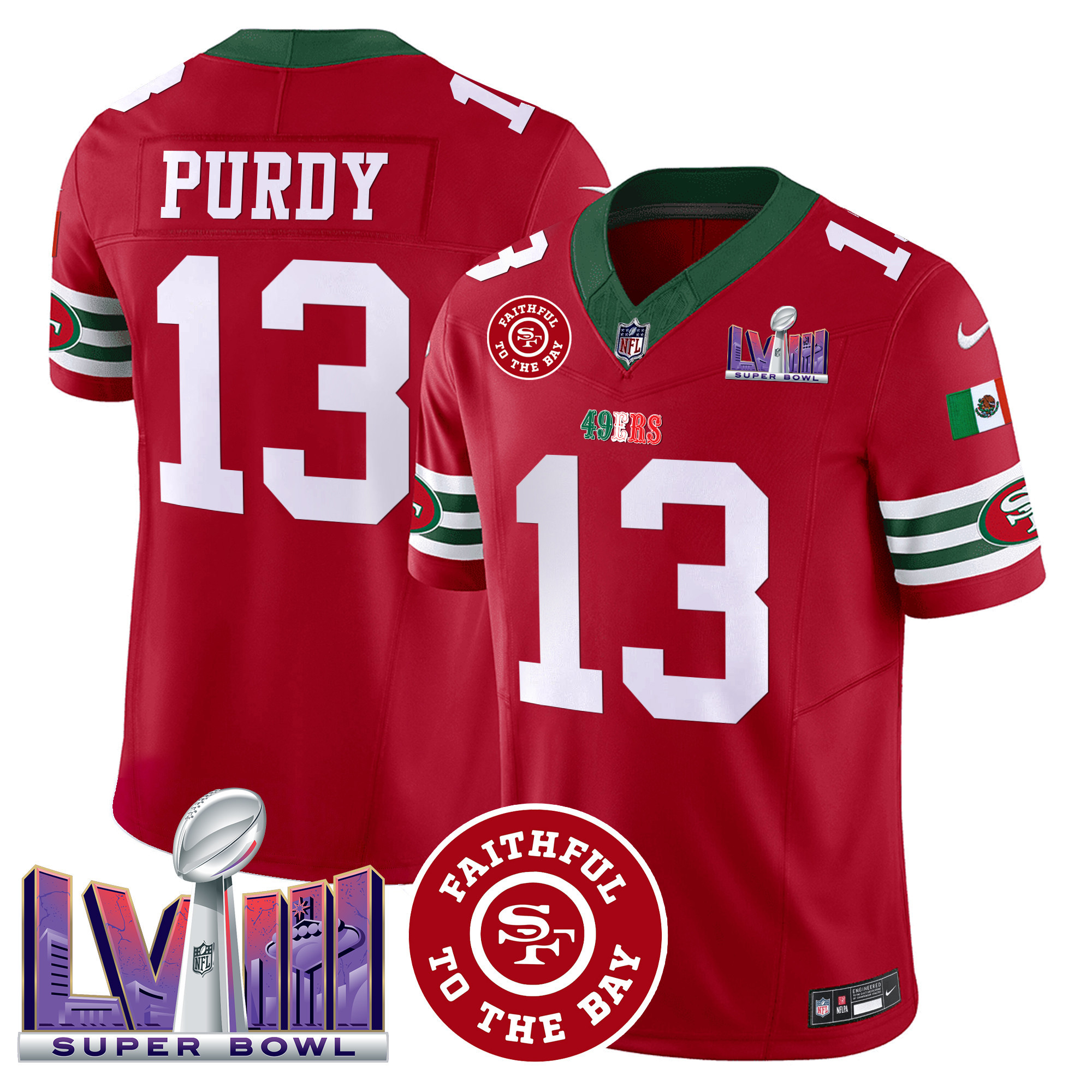 Men's Brock Purdy San Francisco 49ers Mexico Faithful & Super Bowl LVIII Patch Vapor Red Jersey - All Stitched