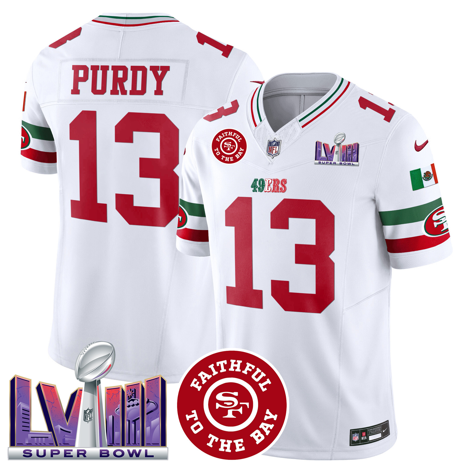 Men's Brock Purdy San Francisco 49ers Mexico Faithful & Super Bowl LVIII Patch Vapor White Jersey - All Stitched