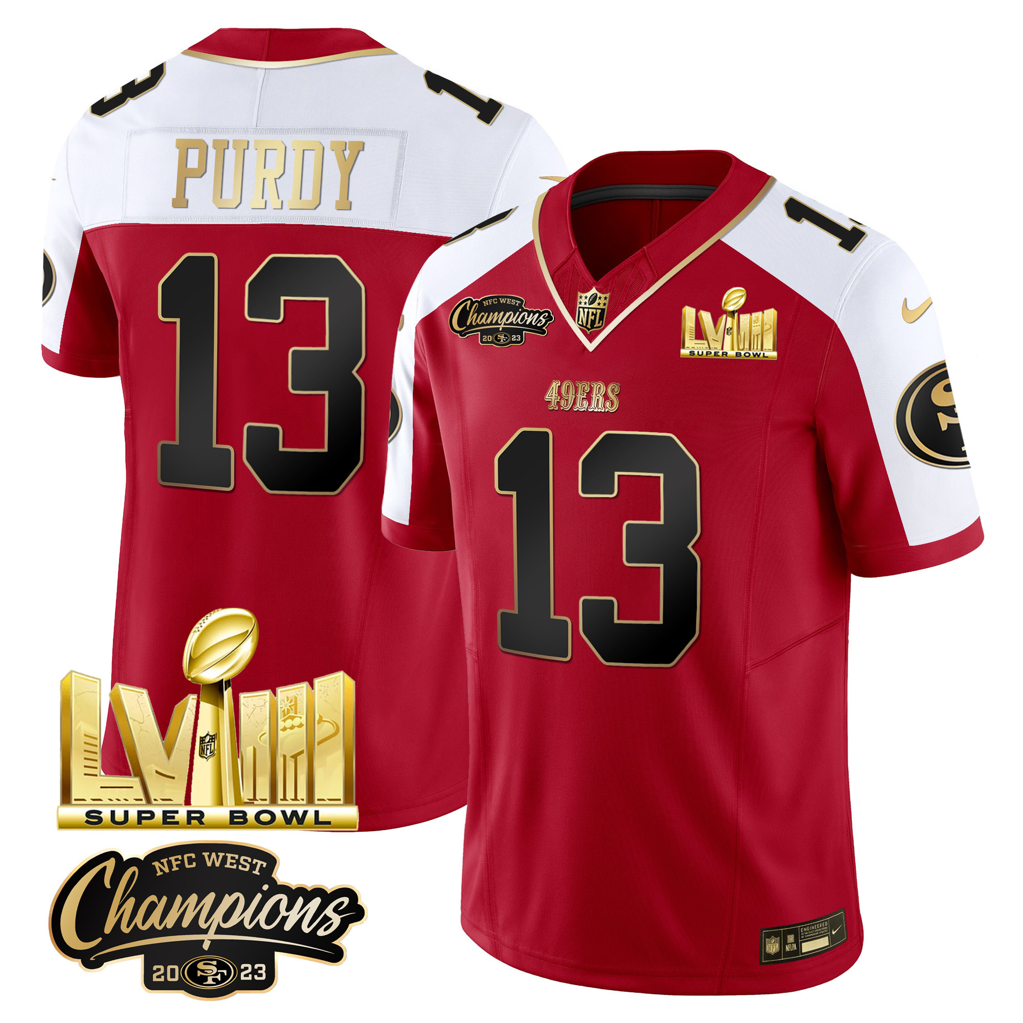 Men's Brock Purdy San Francisco 49ers NFC West Champions & Super Bowl LVIII Gold Patch Vapor Alternate Jersey V2 - All Stitched