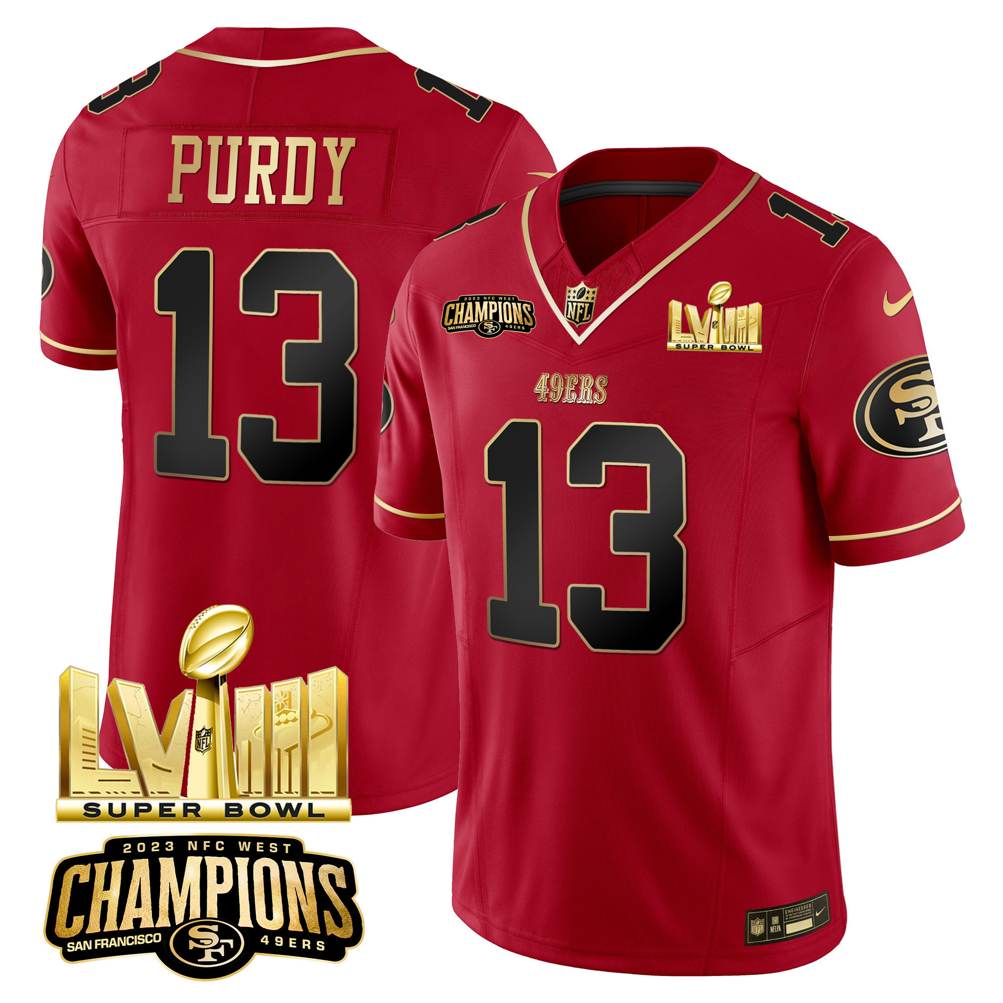Men's Brock Purdy San Francisco 49ers NFC West Champions & Super Bowl LVIII Gold Patch Vapor Scarlet Limited Jersey - All Stitched
