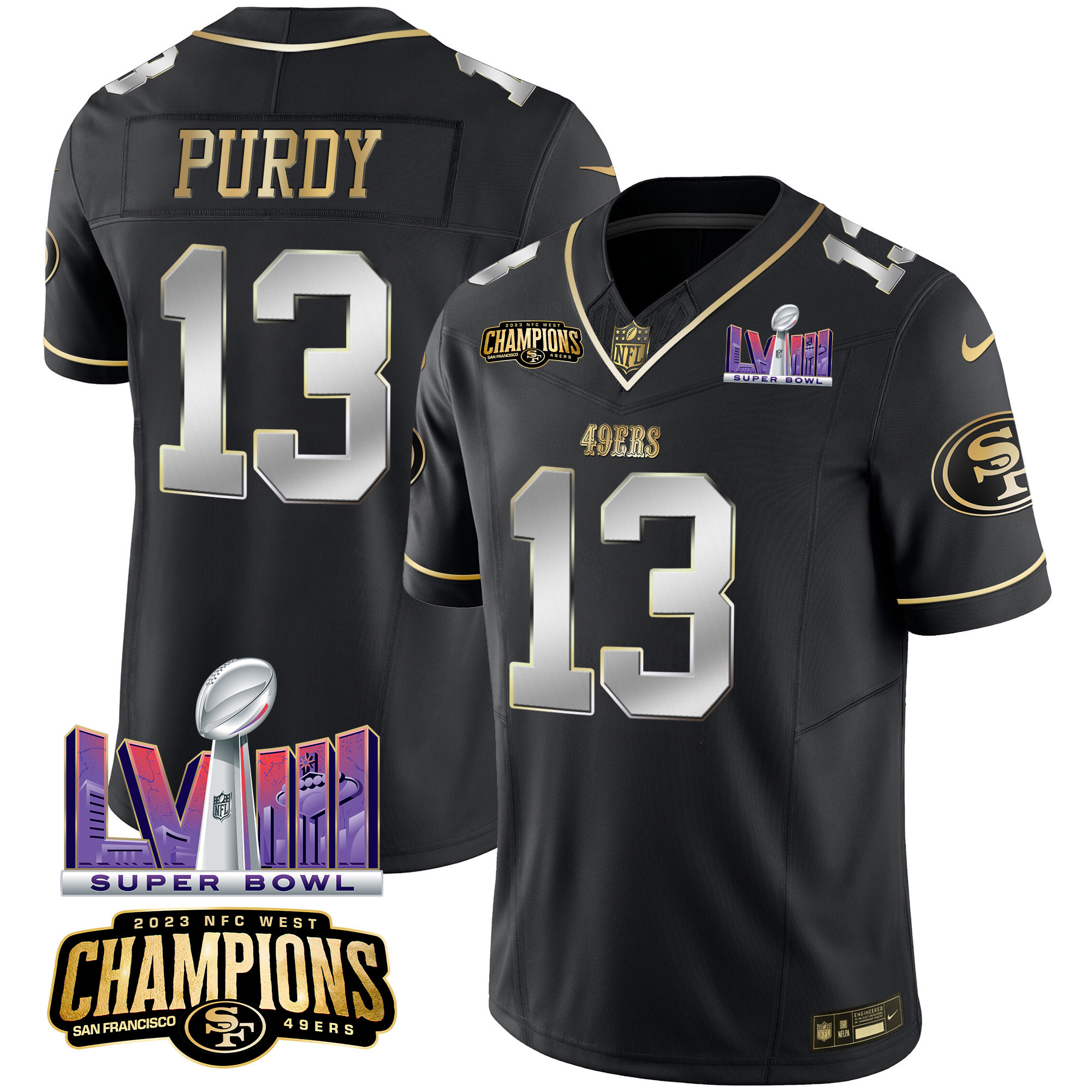Men's Brock Purdy San Francisco 49ers NFC West Champions & Super Bowl LVIII Patch Vapor Black Limited Jersey - All Stitched