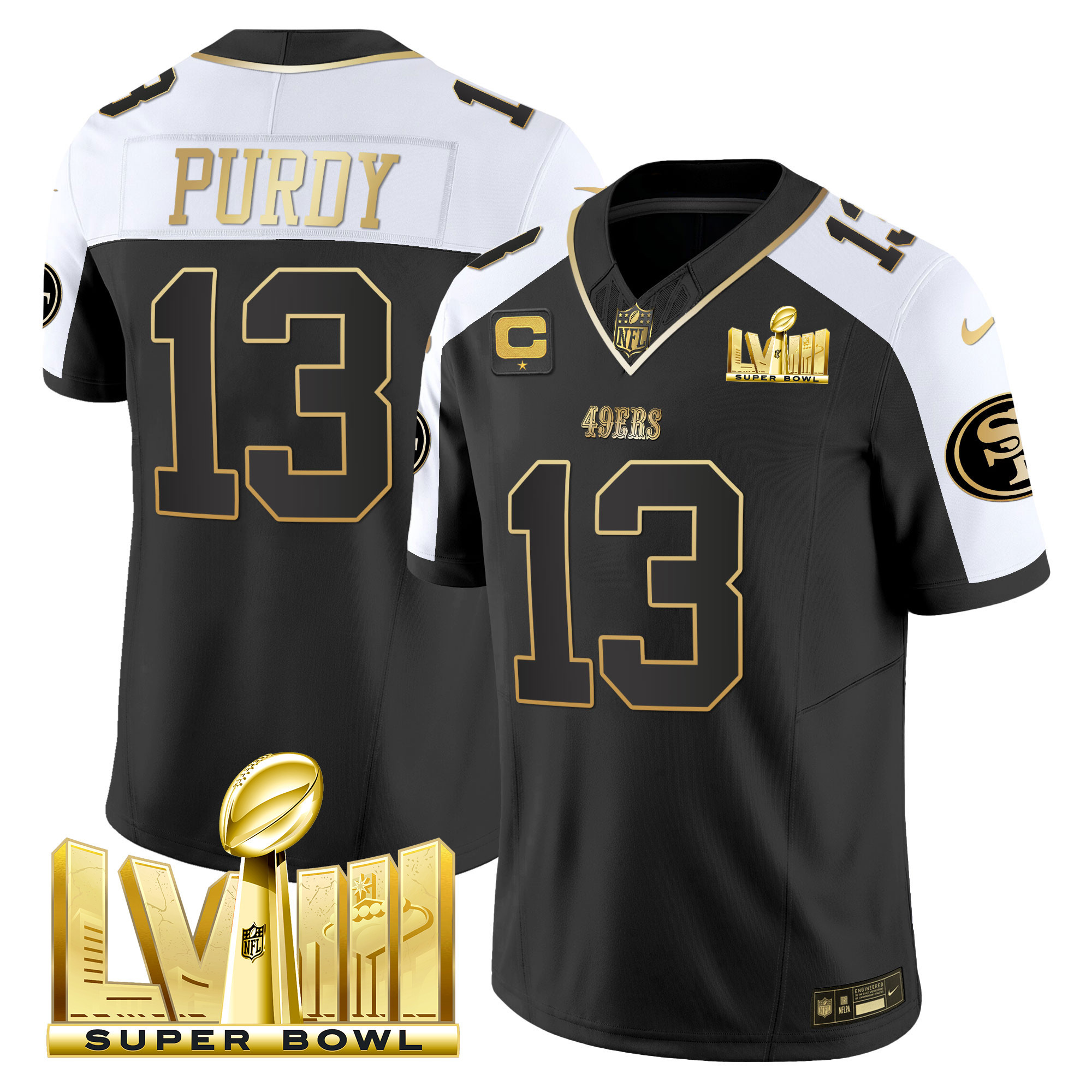 Men's Brock Purdy San Francisco 49ers Super Bowl LVIII Gold Patch Vapor Black Alternate Jersey V2 - All Stitched