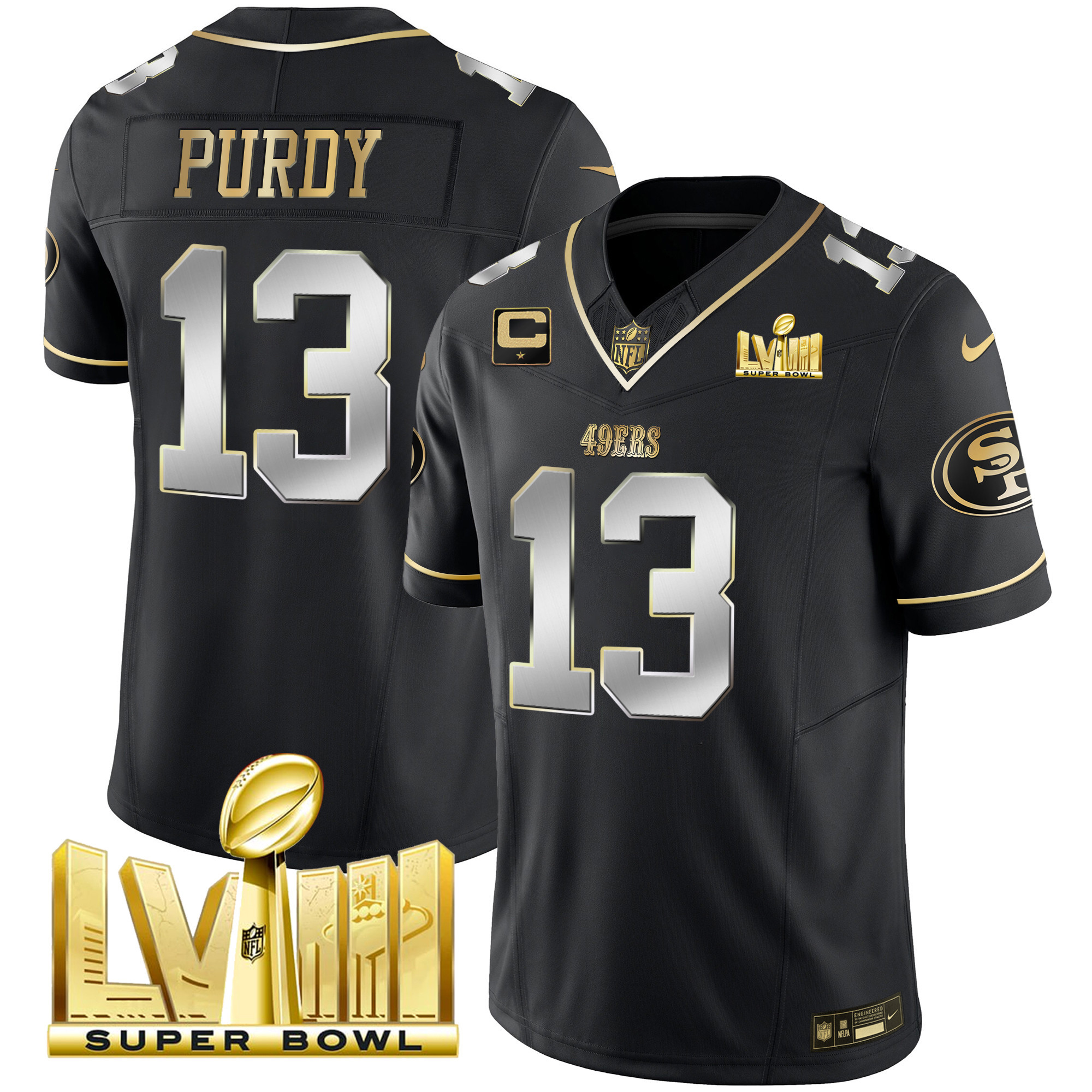 Men's Brock Purdy San Francisco 49ers Super Bowl LVIII Gold Patch Vapor Black Limited Jersey - All Stitched