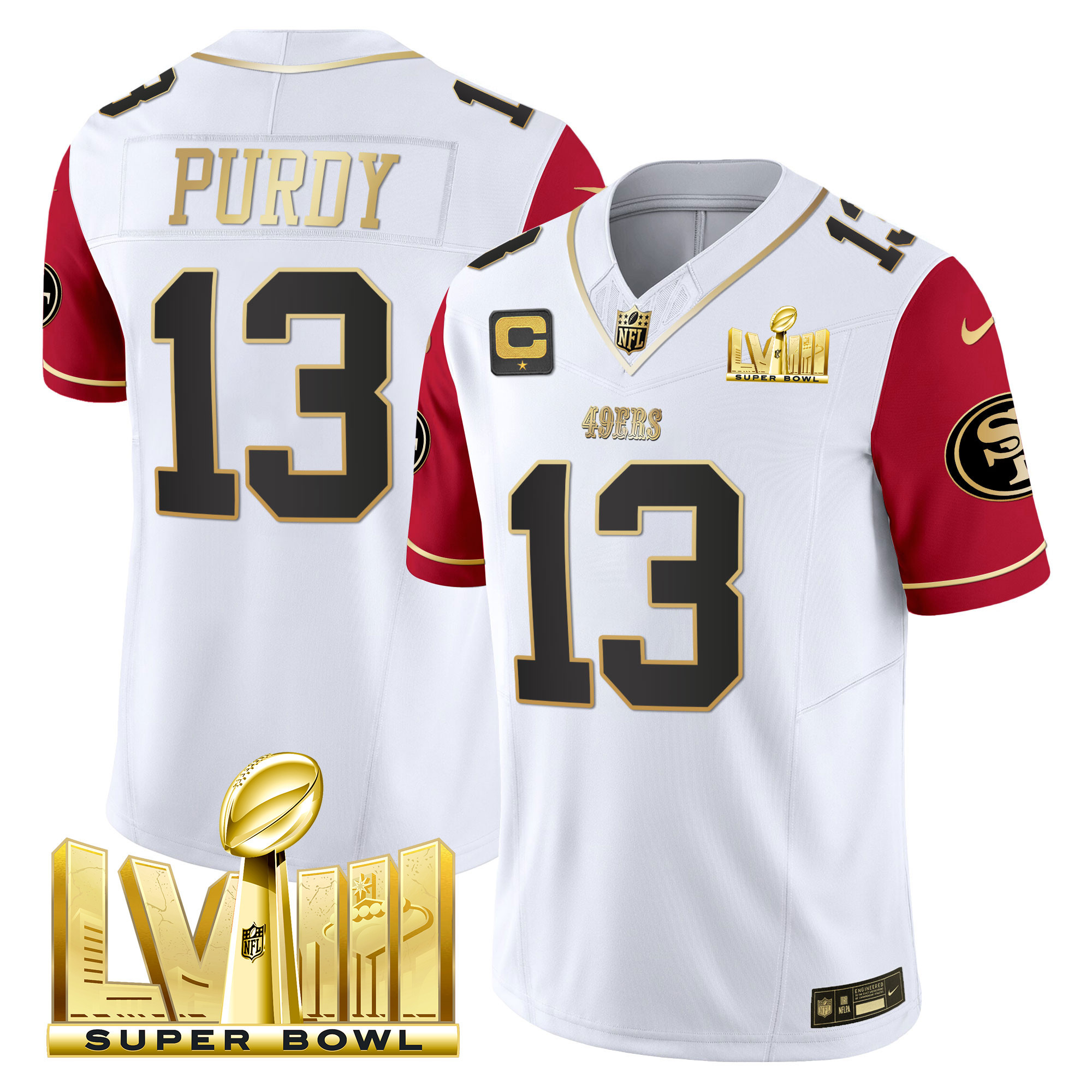 Men's Brock Purdy San Francisco 49ers Super Bowl LVIII Gold Patch Vapor Color Sleeves Jersey V2 - All Stitched