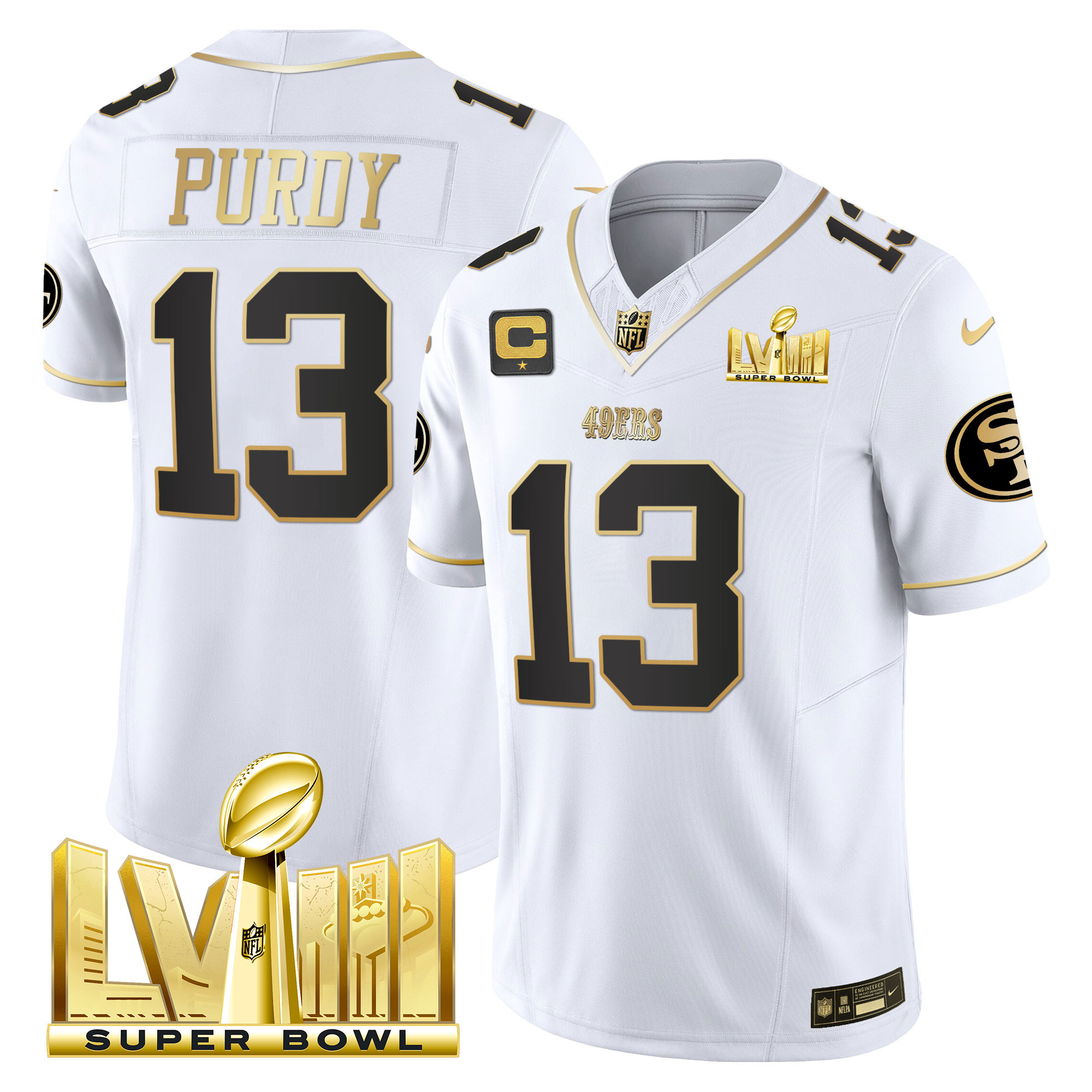 Men's Brock Purdy San Francisco 49ers Super Bowl LVIII Gold Patch Vapor White Gold Jersey V2 - All Stitched