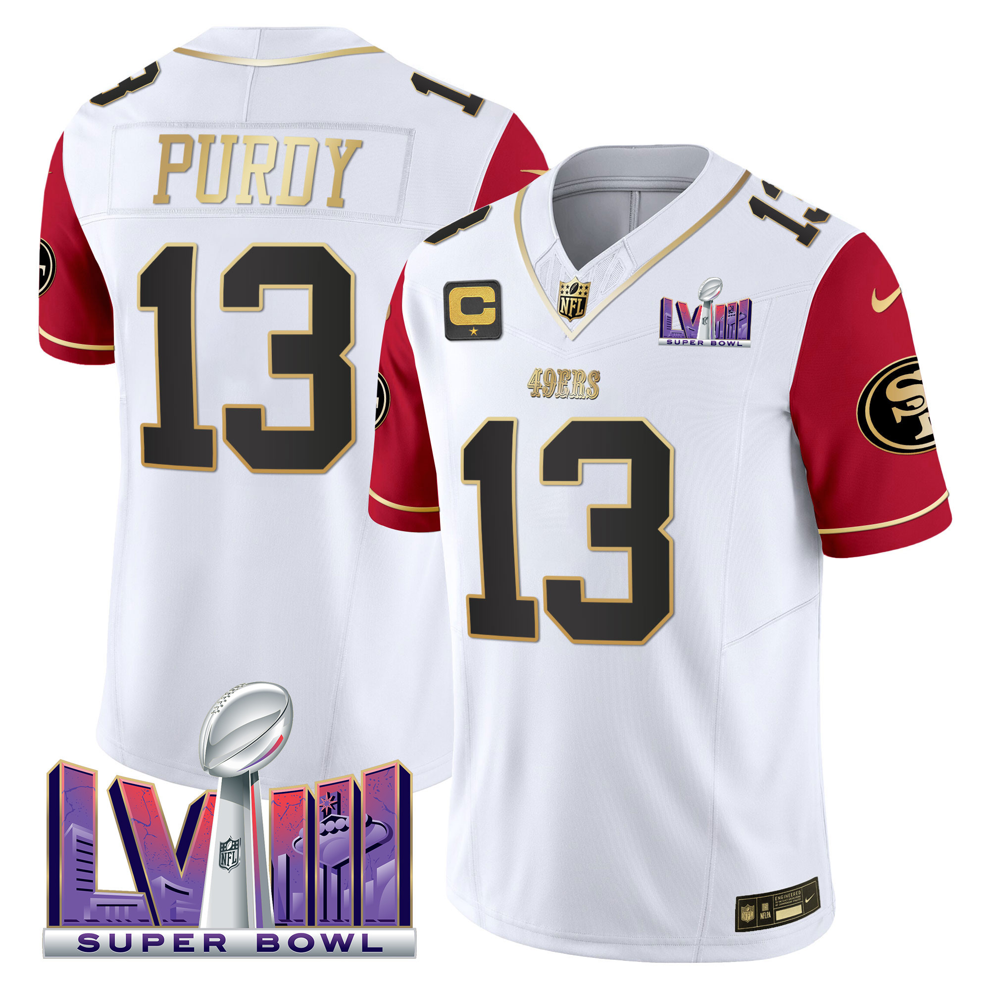 Men's Brock Purdy San Francisco 49ers Super Bowl LVIII Patch Vapor Color Sleeves Jersey V2 - All Stitched