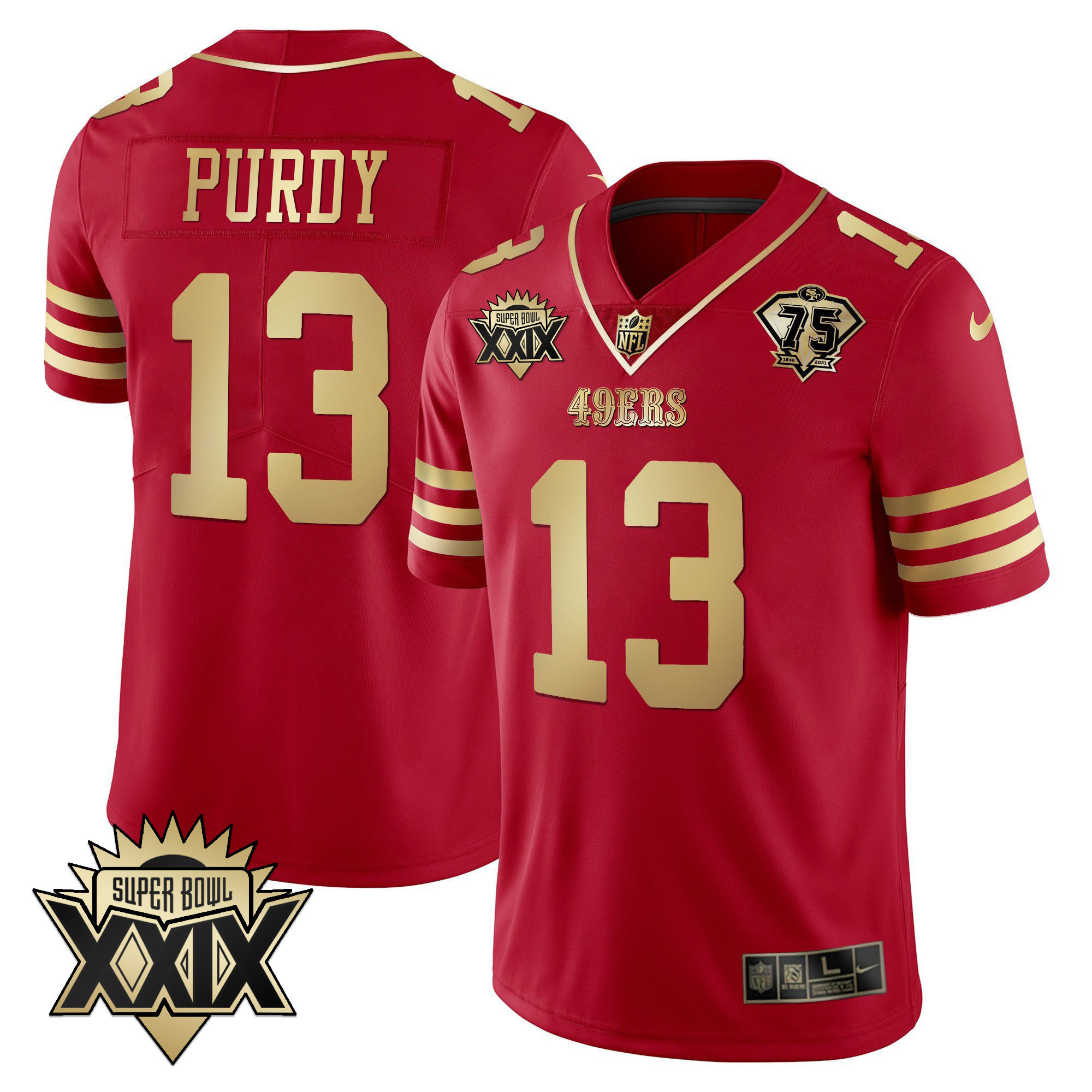 Men's Brock Purdy San Francisco 49ers Super Bowl XXIX Patch Black Red Gold Red Gold Jersey - All Stitched
