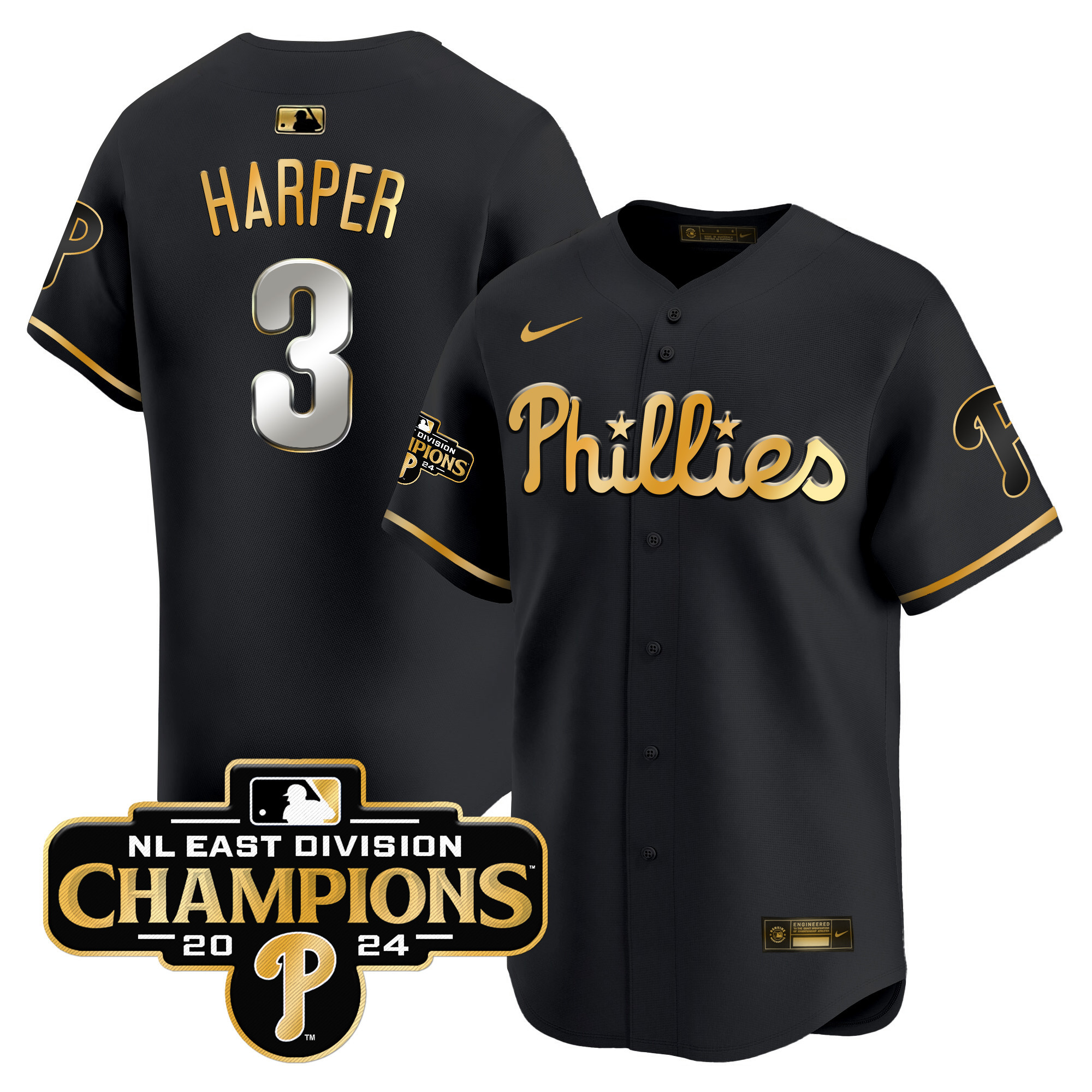 Men's Bryce Harper Philadelphia Phillies 2024 NL East Division Champions Gold Vapor Premier Limited Black Gold Jersey - All Stitched