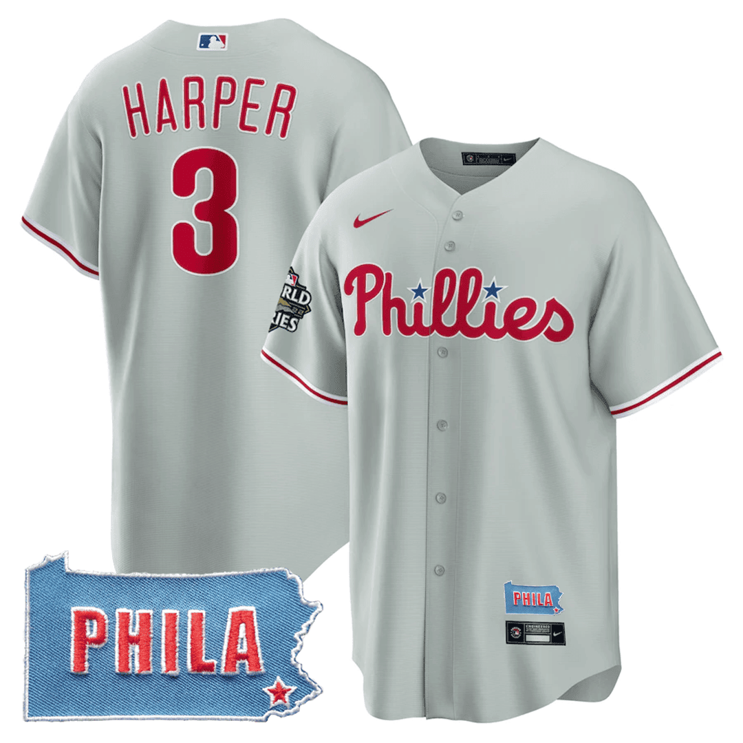 Men's Bryce Harper Philadelphia Phillies PHILA PA State Patch Gray Jersey - All Stitched