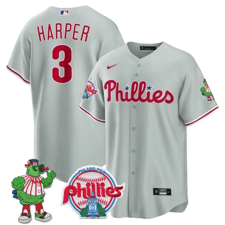 Men's Bryce Harper Philadelphia Phillies Phillie Phanatic Patch Cool Base Gray Jersey - All Stitched