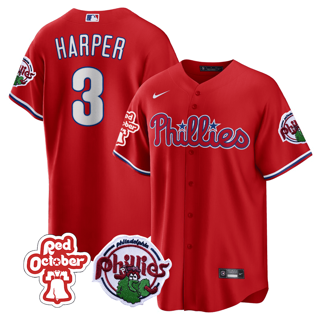 Men's Bryce Harper Philadelphia Phillies Red October Patch Cool Base Red Jersey - All Stitched