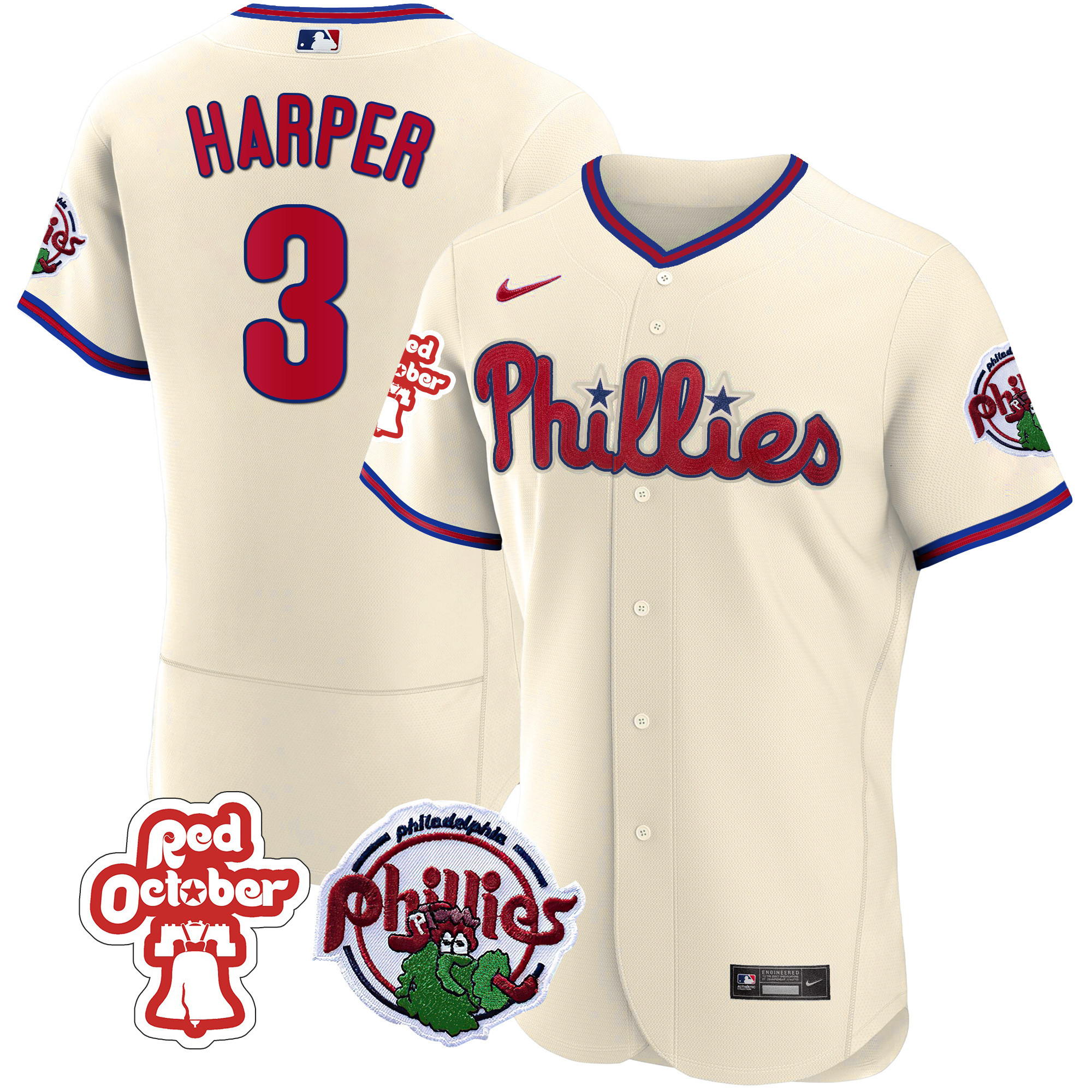 Men's Bryce Harper Philadelphia Phillies Red October Patch Flex Base Cream Jersey - All Stitched