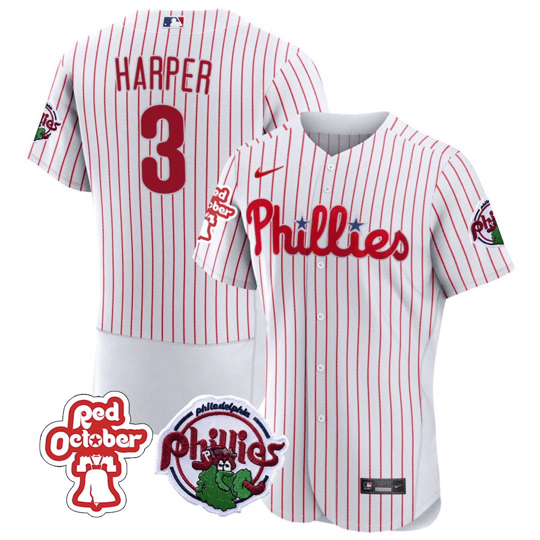 Men's Bryce Harper Philadelphia Phillies Red October Patch Flex Base White Jersey - All Stitched