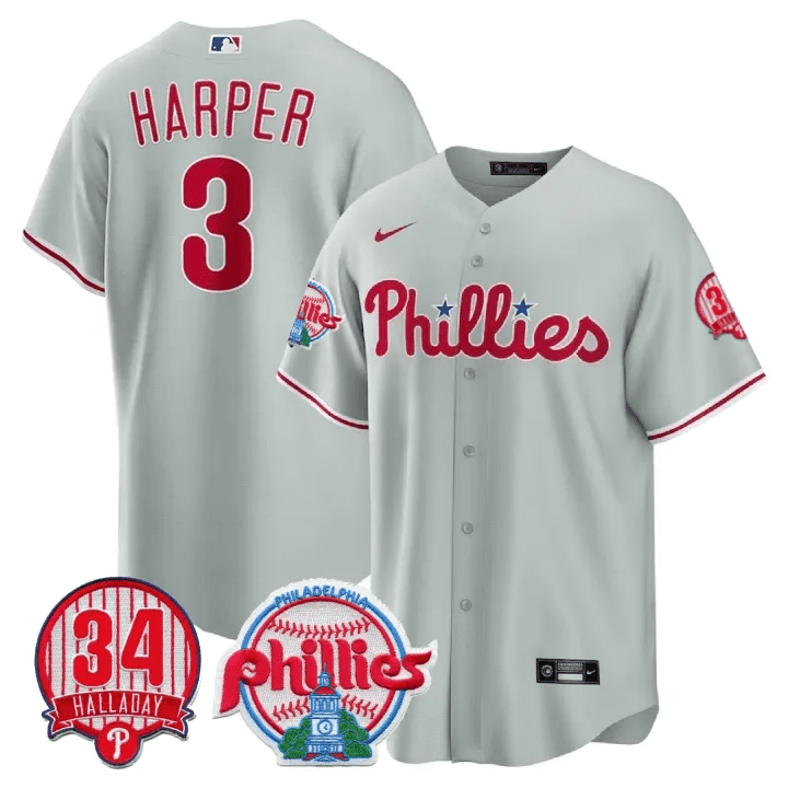 Men's Bryce Harper Philadelphia Phillies Roy Halladay Patch #34 Cool Base Gray Jersey ñ All Stitched
