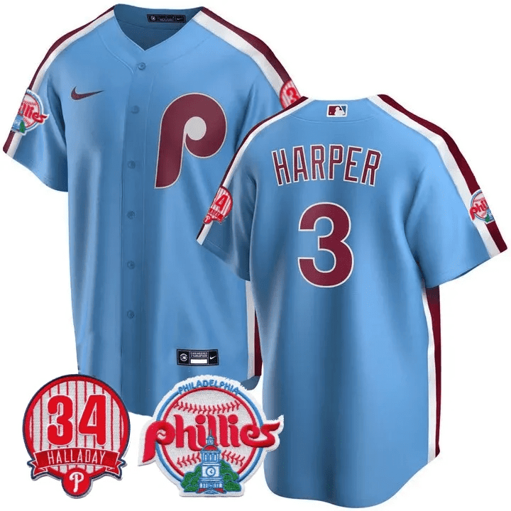 Men's Bryce Harper Philadelphia Phillies Roy Halladay Patch #34 Cool Base Powder Blue Jersey ñ All Stitched