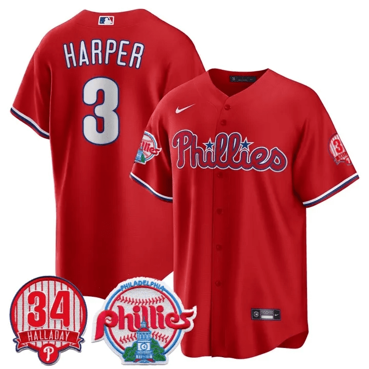 Men's Bryce Harper Philadelphia Phillies Roy Halladay Patch #34 Cool Base Red Jersey ñ All Stitched