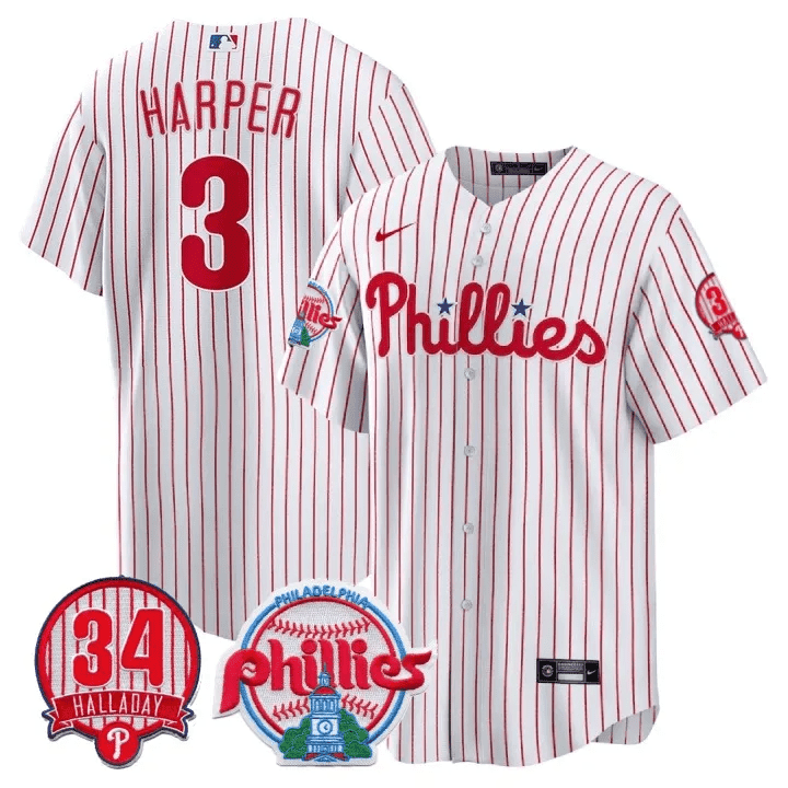 Men's Bryce Harper Philadelphia Phillies Roy Halladay Patch #34 Cool Base White Jersey ñ All Stitched