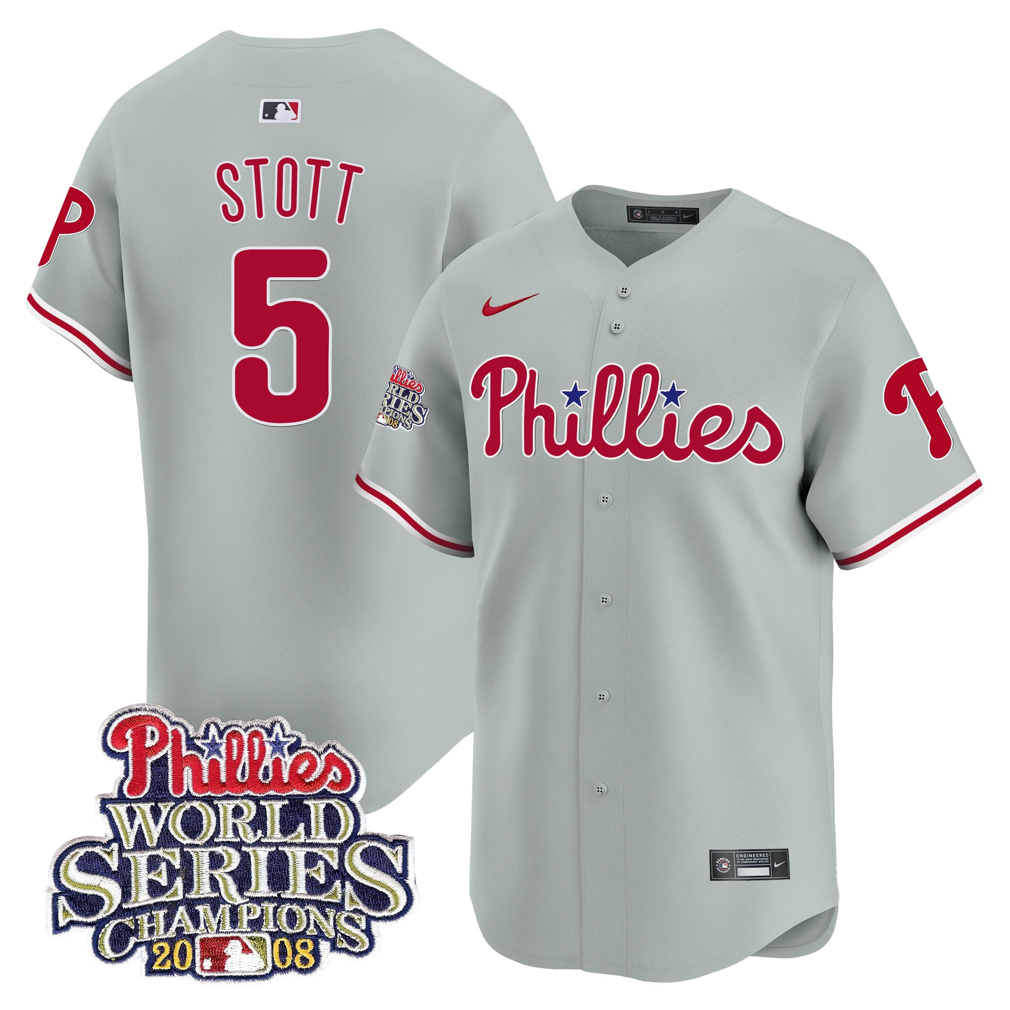 Men's Bryson Stott Philadelphia Phillies 2008 World Series Champions Patch Vapor Premier Limited Gray Road Jersey - All Stitched