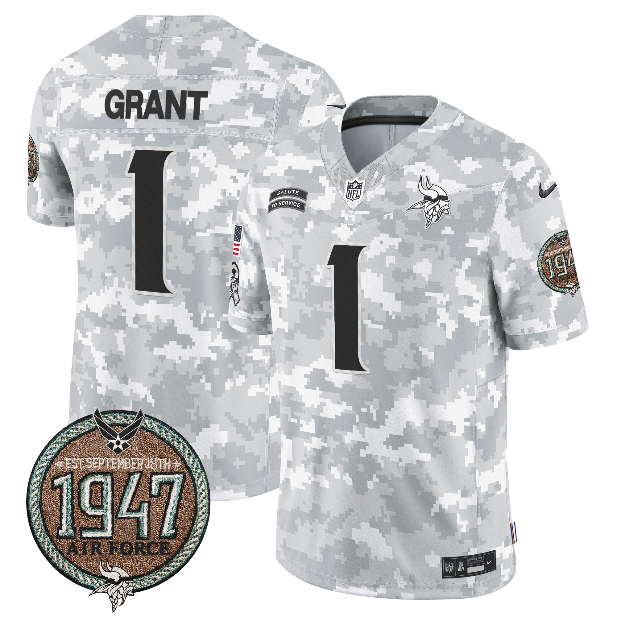 Men's Bud Grant Minnesota Vikings 2024 Salute to Service Establishment Year Patch Vapor Limited Air Force Jersey - All Stitched