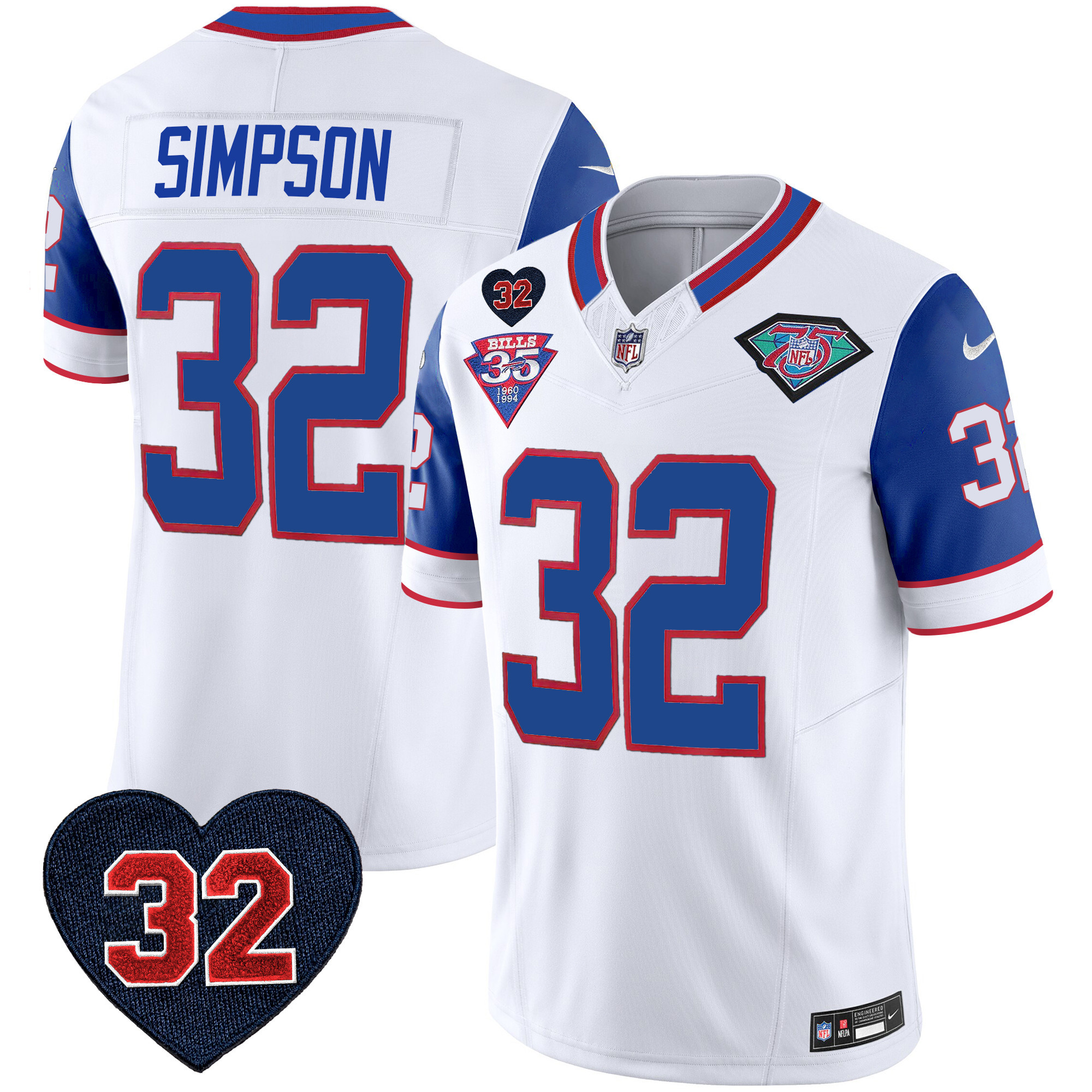 Men's Buffalo Bills 1994 Throwback O.J. Simpson Patch Vapor Limited Royal Sleeves Jersey - All Stitched 