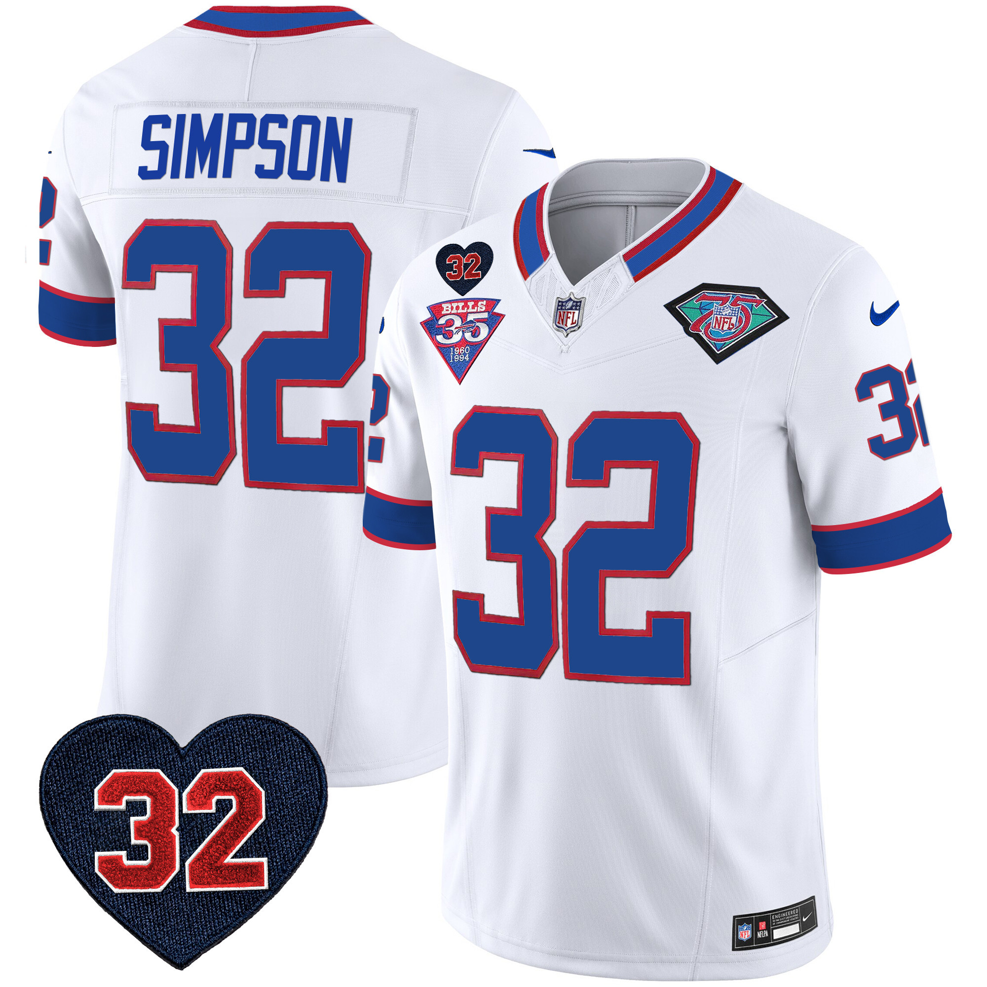 Men's Buffalo Bills 1994 Throwback O.J. Simpson Patch Vapor Limited White Jersey - All Stitched 