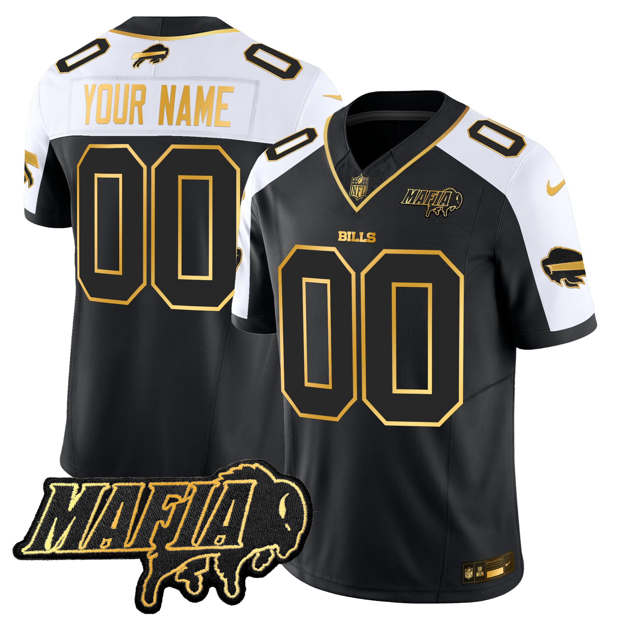 Men's Buffalo Bills 2024 Buffalo Bills Mafia Patch Gold Vapor Limited Custom Alternate Jersey - All Stitched