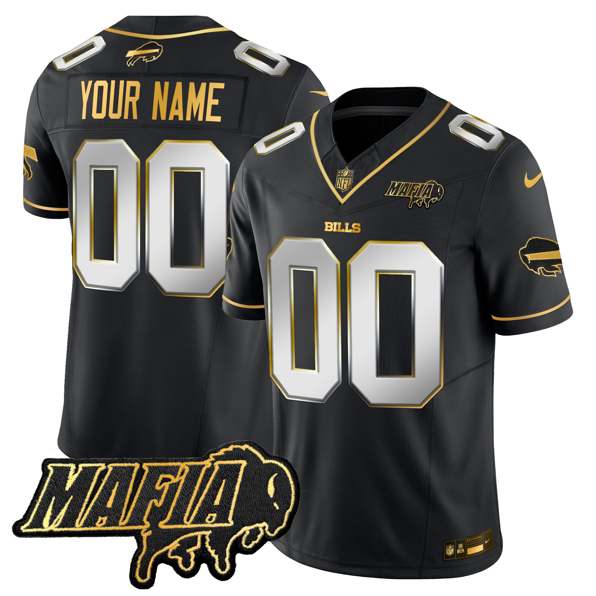 Men's Buffalo Bills 2024 Buffalo Bills Mafia Patch Gold Vapor Limited Custom Black Limited Jersey - All Stitched