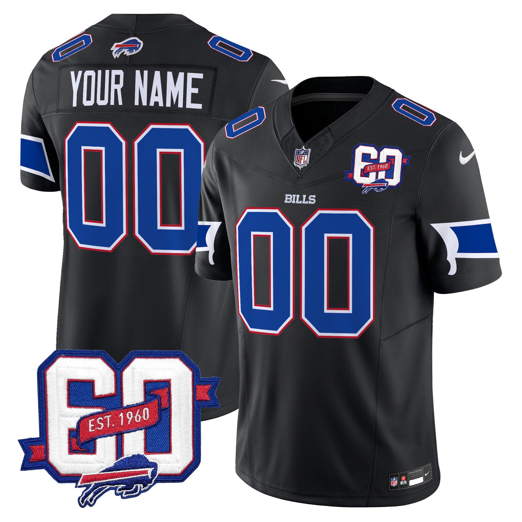 Men's Buffalo Bills 60th Anniversary Patch Vapor Limited Custom Black Jersey - All Stitched