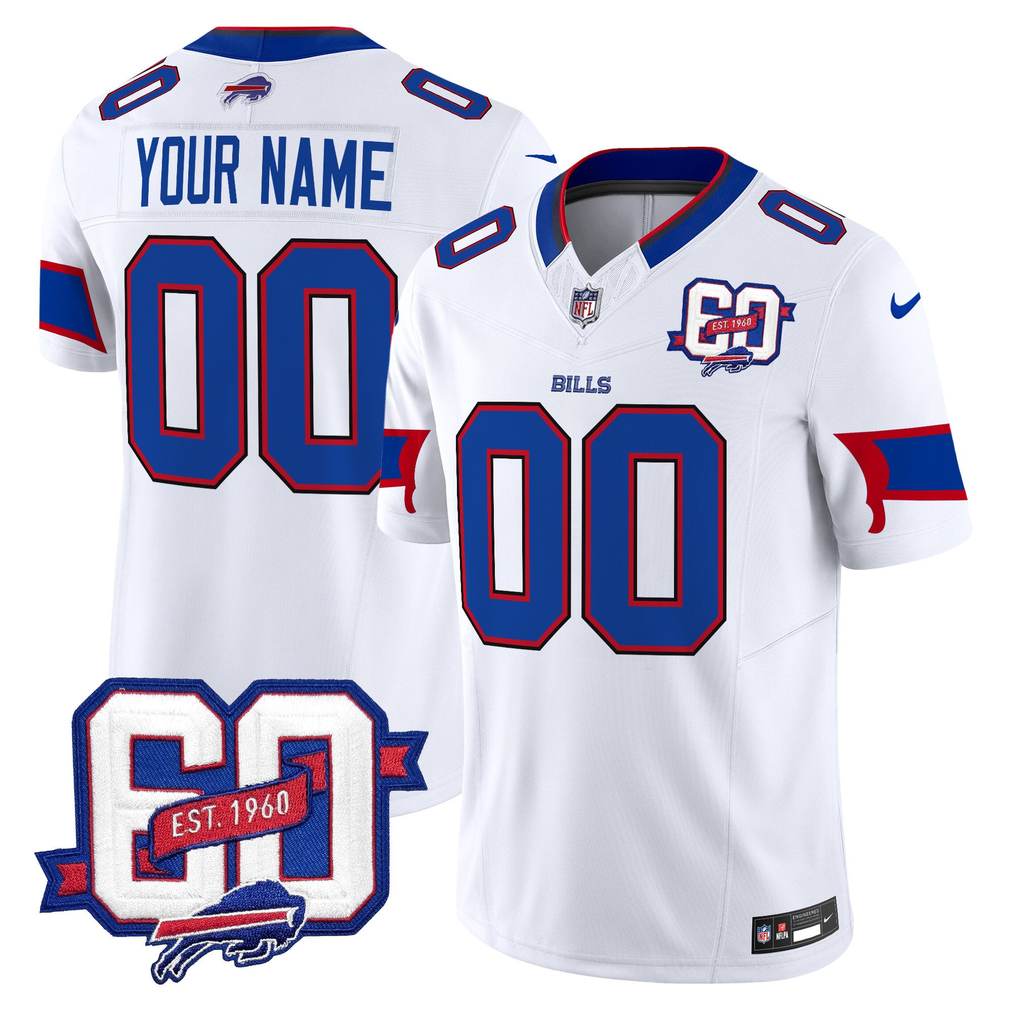 Men's Buffalo Bills 60th Anniversary Patch Vapor Limited Custom White Jersey - All Stitched