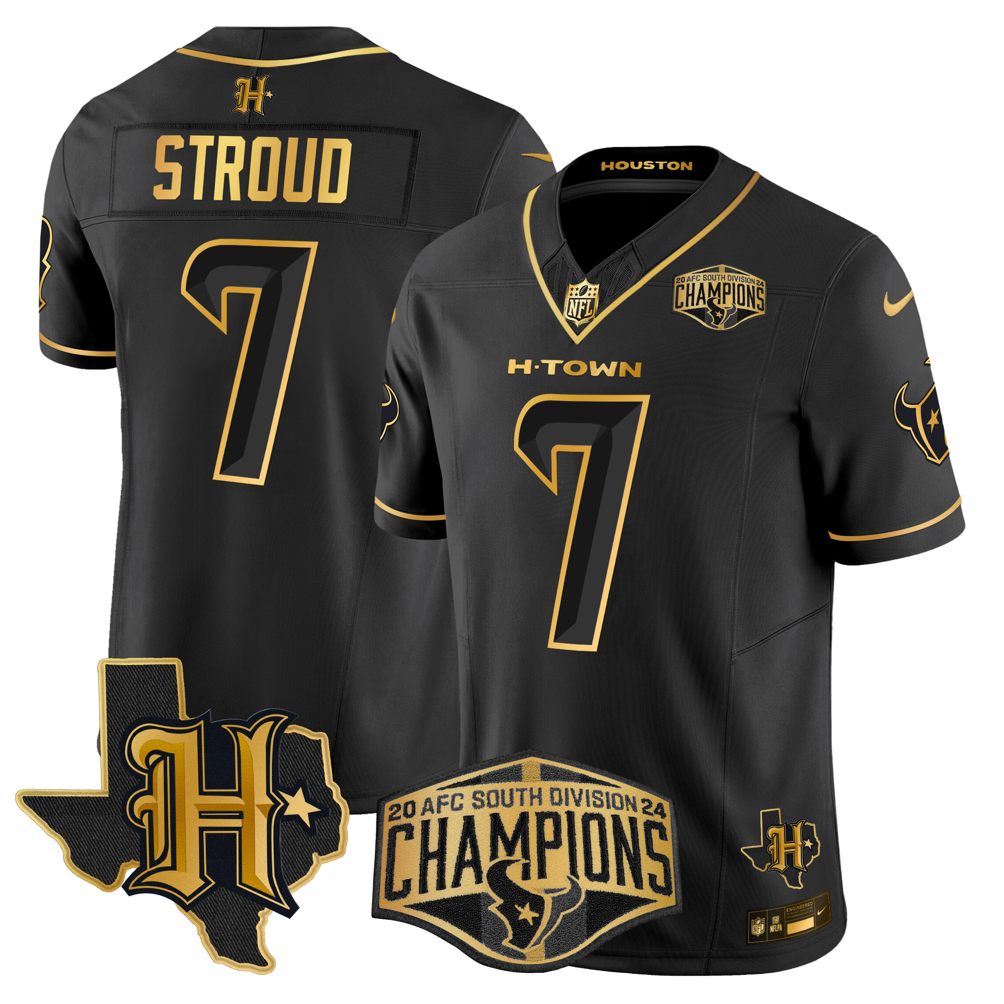 Men's C.J. Stroud Houston Texans 2024 AFC South Division Champions Patch Gold Vapor Limited Black Gold Jersey - All Stitched