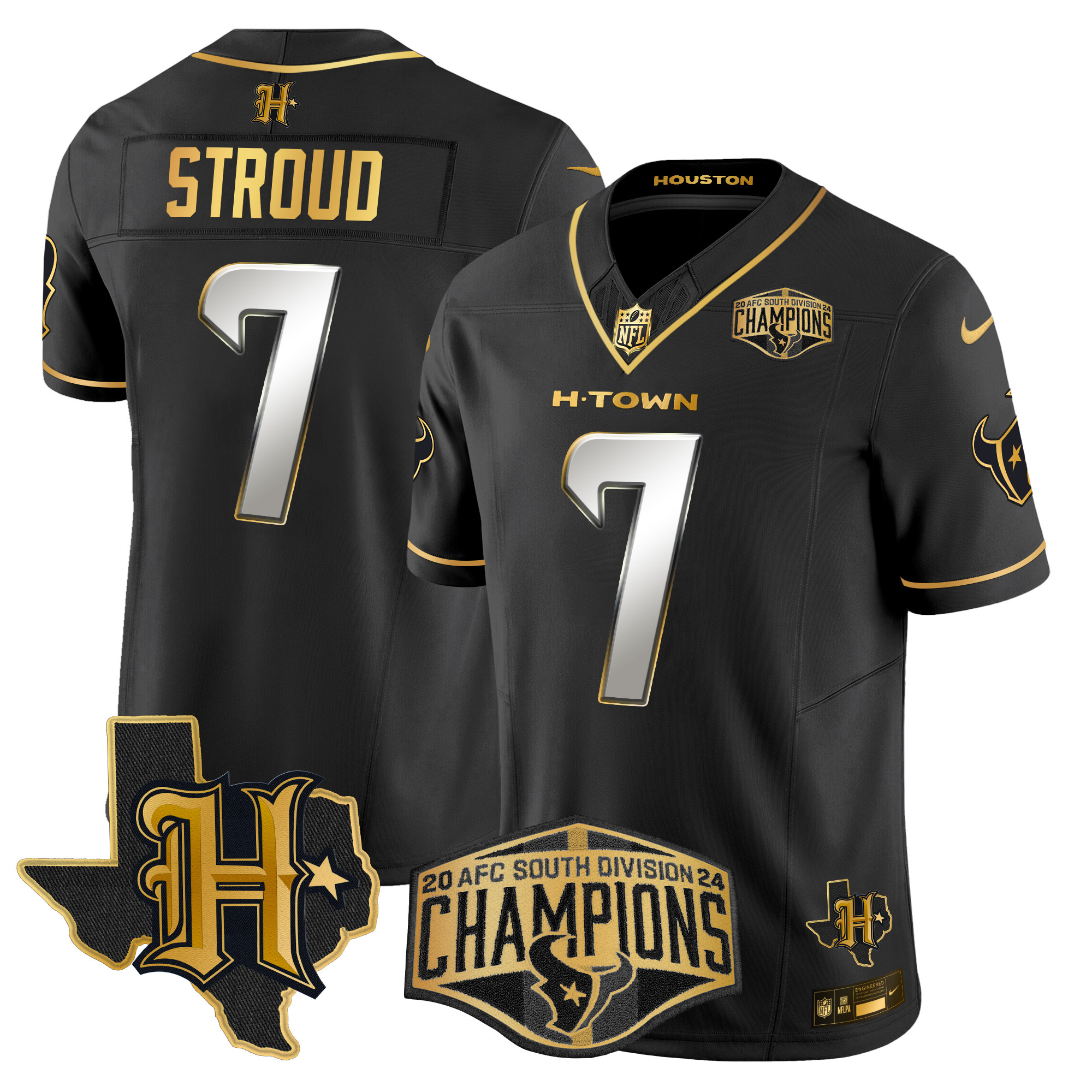 Men's C.J. Stroud Houston Texans 2024 AFC South Division Champions Patch Gold Vapor Limited Black Limited Jersey - All Stitched