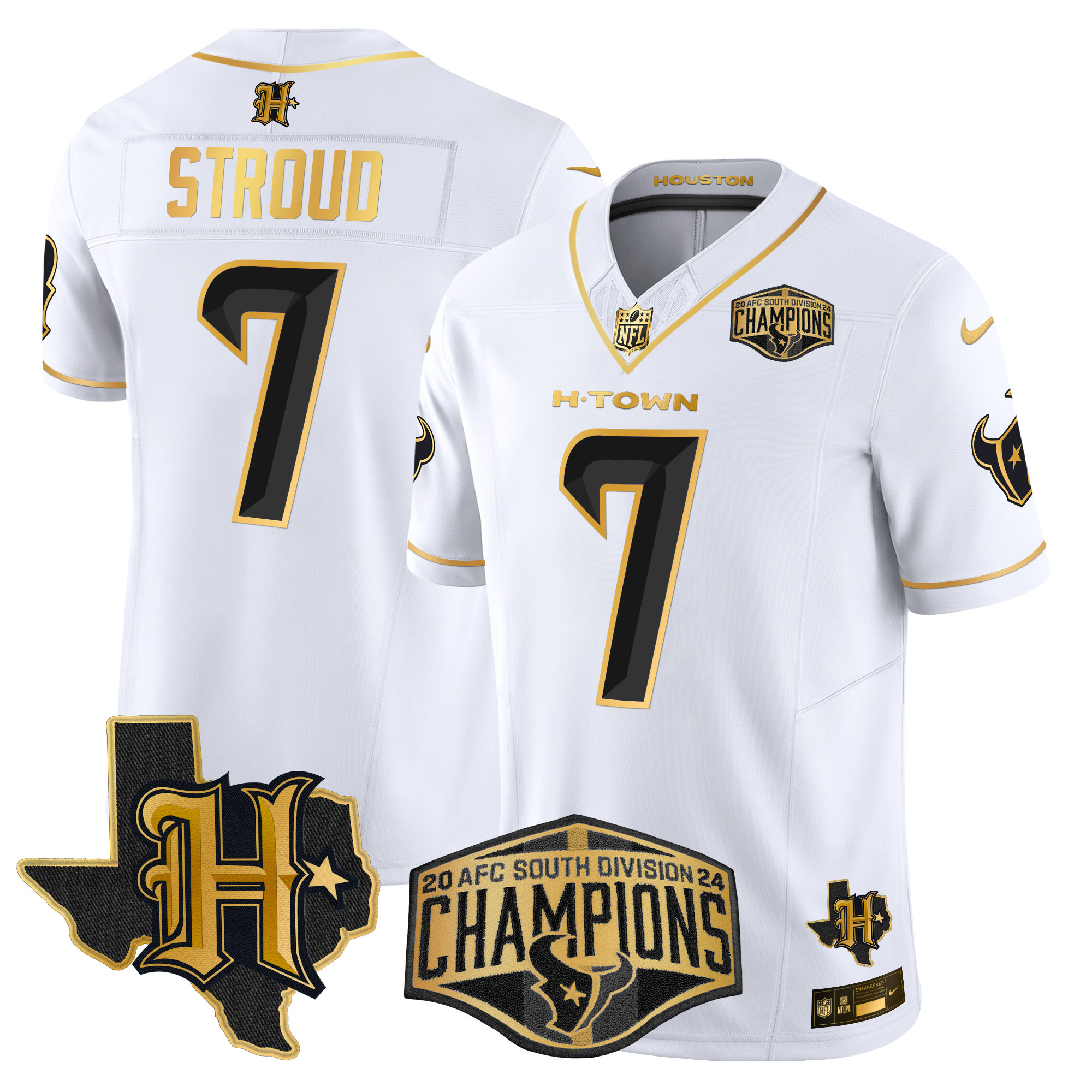 Men's C.J. Stroud Houston Texans 2024 AFC South Division Champions Patch Gold Vapor Limited White Gold Jersey - All Stitched