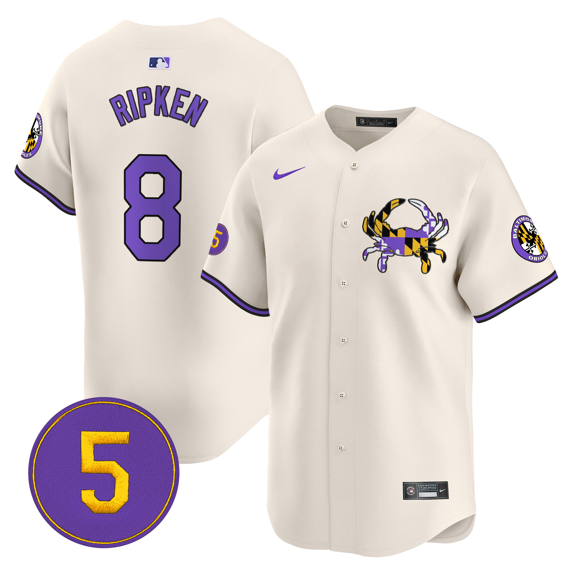 Men's Cal Ripken Baltimore Orioles Purple Vapor Premier Limited Cream Jersey - All Stitched