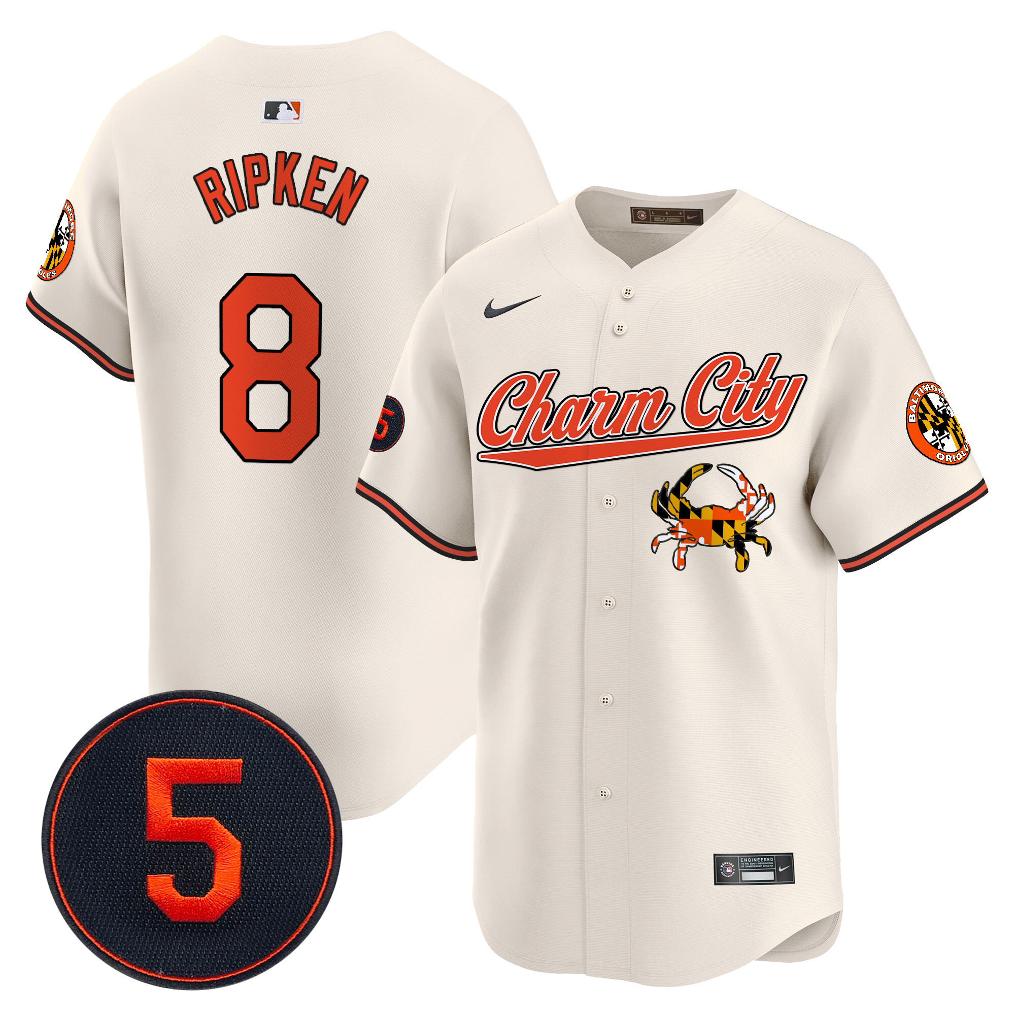Men's Cal Ripken Baltimore Orioles Robinson Patch Vapor Premier Limited Cream Jersey V8 - All Stitched