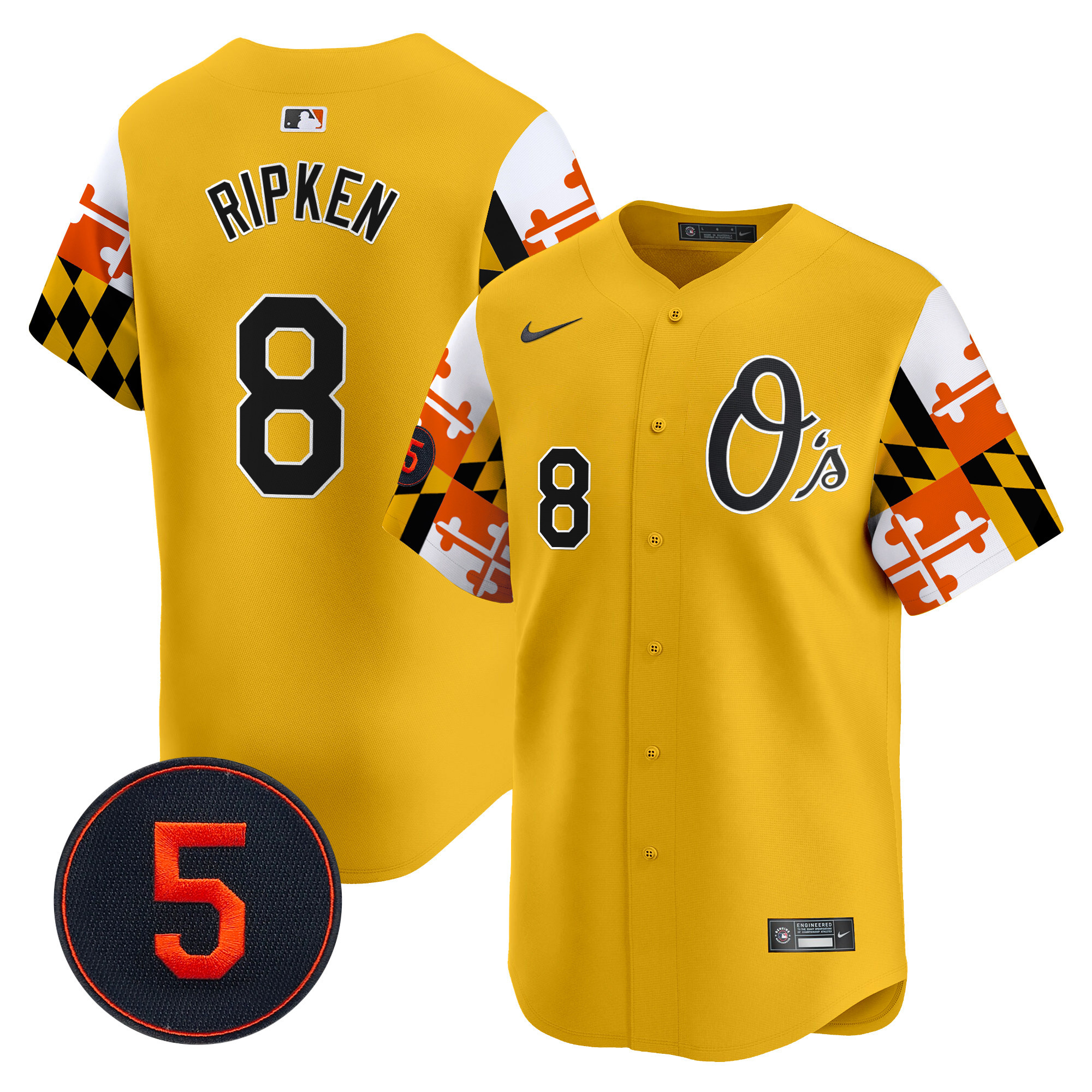 Men's Cal Ripken Baltimore Orioles Robinson Patch Vapor Premier Limited Gold Jersey V5 - All Stitched