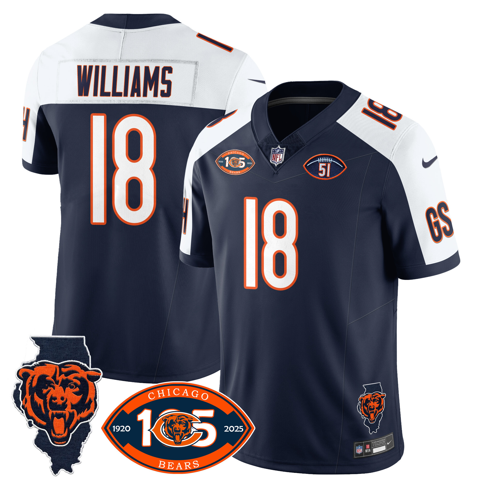 Men's Caleb Williams Chicago Bears 1920-2025 The Chicago Bears Vapor Limited Navy Alternate Jersey - All Stitched