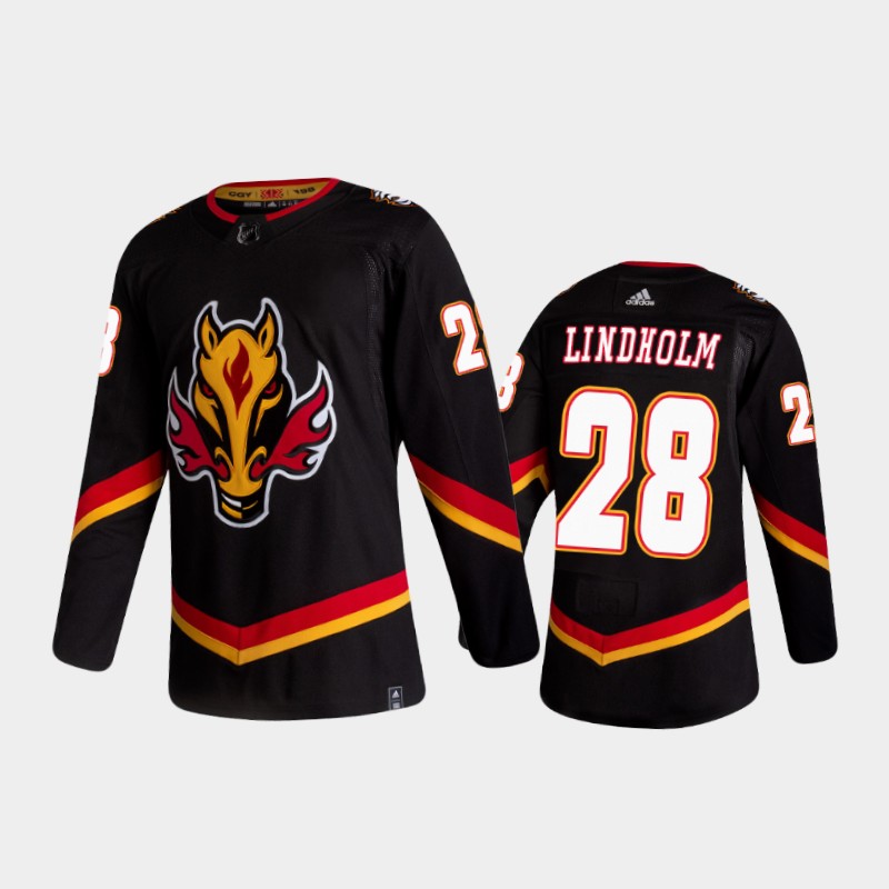 Men's Calgary Flames Elias Lindholm #28 Reverse Retro 2020-21 Black Jersey