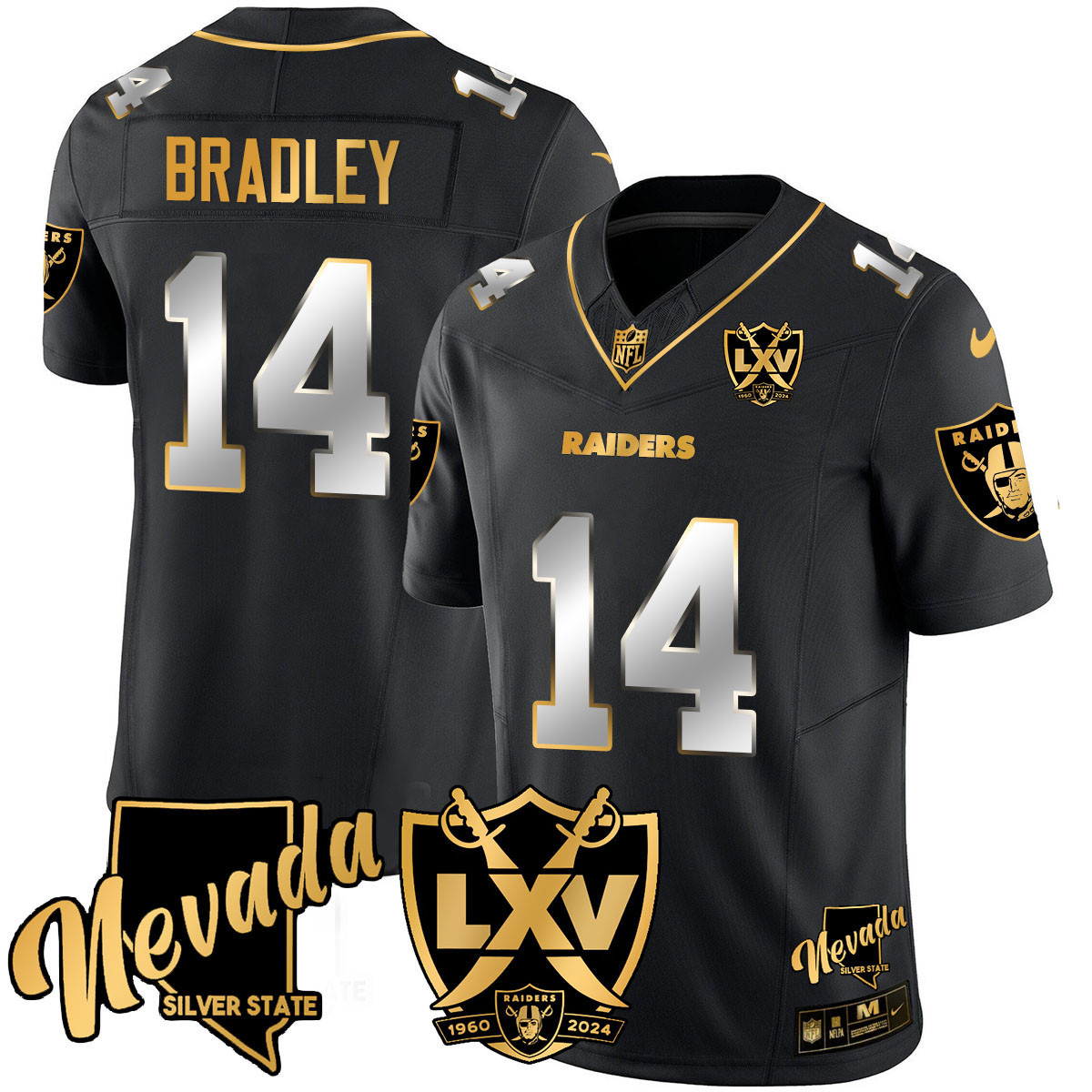 Men's Carter Bradley Las Vegas Raiders 2024 Gold Vapor Limited Black Limited Jersey - 65th Anniversary - All Stitched