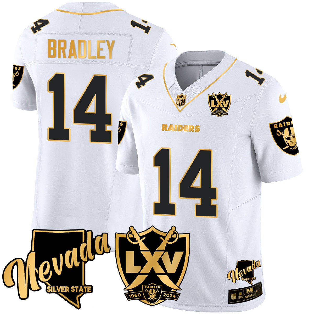 Men's Carter Bradley Las Vegas Raiders 2024 Gold Vapor Limited White Gold Jersey - 65th Anniversary - All Stitched