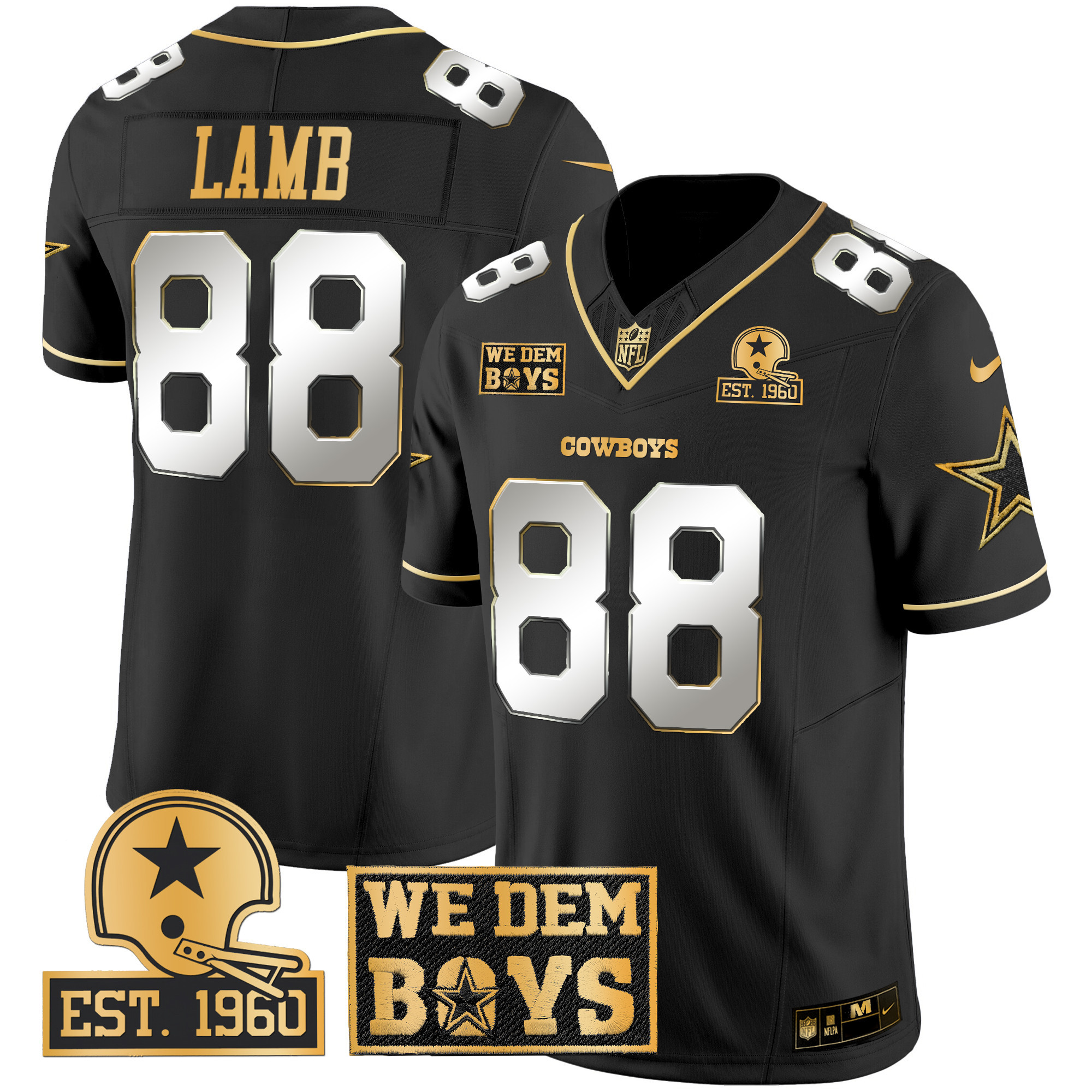 Men's CeeDee Lamb Dallas Cowboys Est. 1960 & We Dem Boyz Patch Gold Vapor Limited Black Limited Jersey - All Stitched